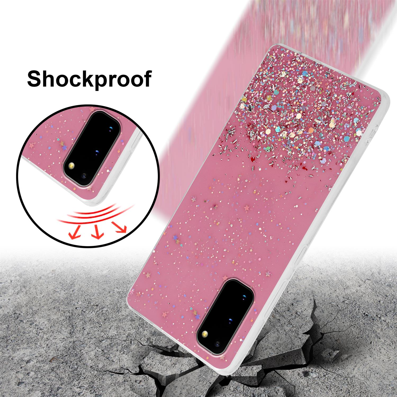 Eine rosa Handyhülle mit Glitzer. Die Hülle liegt auf einer zerbrochenen Betonoberfläche.