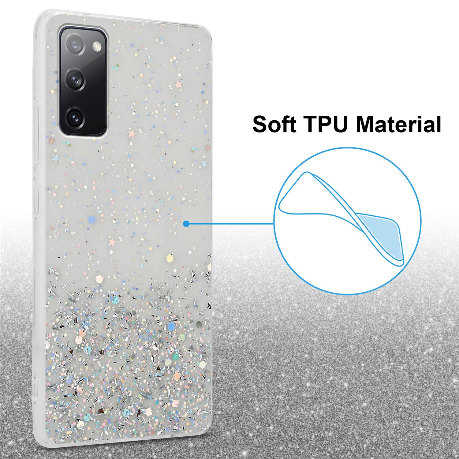 Handyhülle mit silbernem Glitzer, weißer Hintergrund, Soft-TPU-Material. Das Telefon ist in der Hülle.