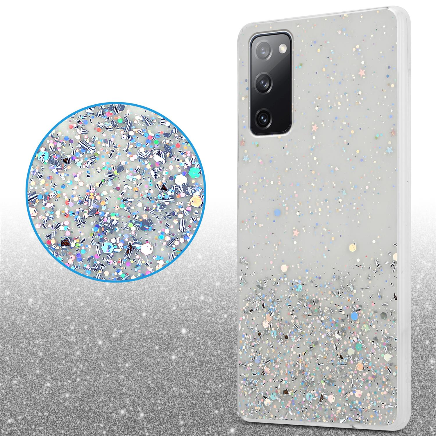 Eine Handyhülle mit Glitzer. Eine Nahaufnahme des Glitzers wird gezeigt.