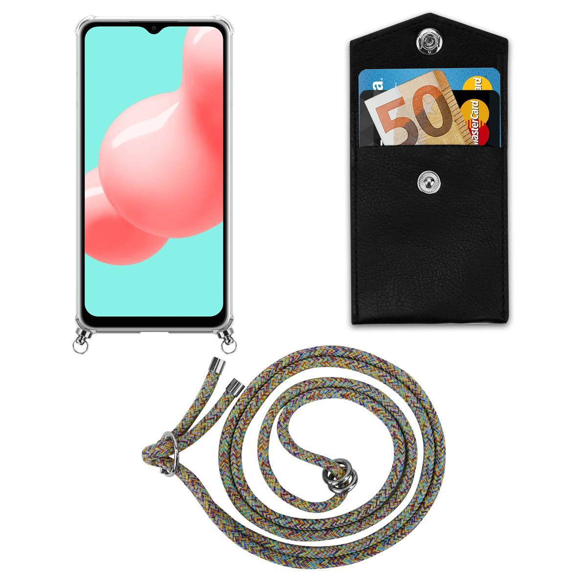 Telefon mit Lanyard und schwarzem Portemonnaie. Das Portemonnaie hat Karten und Bargeld darin.