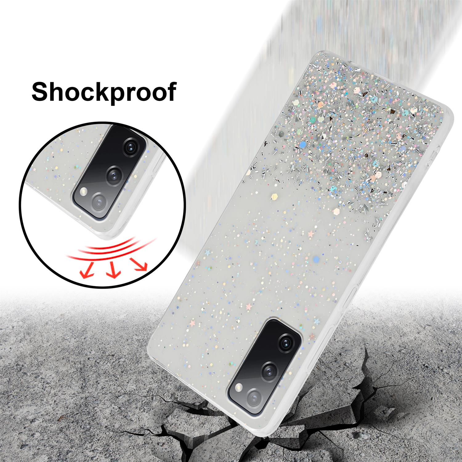 Transparente Handyhülle mit Glitzereffekt, Telefon teilweise sichtbar, und rissiger Boden.