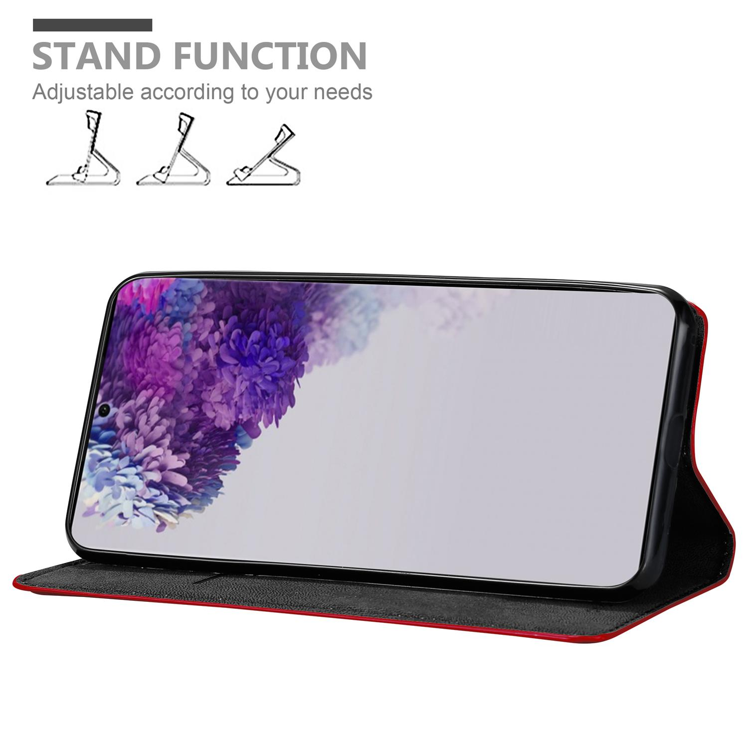 Handyhülle mit Telefon, geöffnet und stehend. Das Telefon zeigt einen lila Blumenhintergrund.