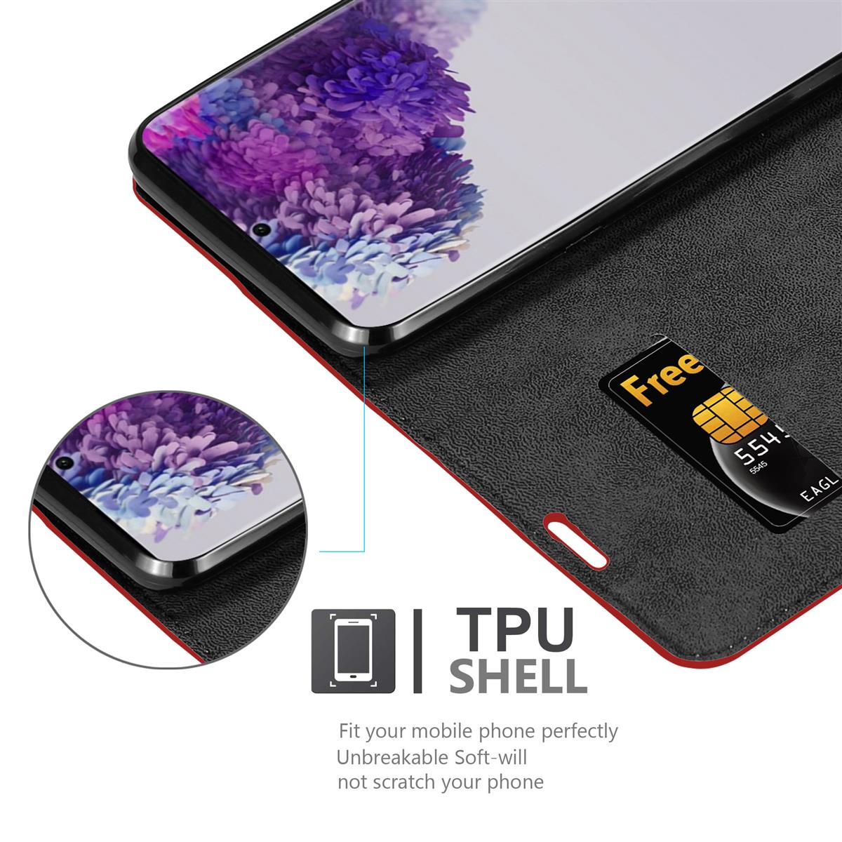 Ein Telefon in einer schwarzen Handyhülle mit einer Karte, wobei Details der Hülle und des Telefons sichtbar sind.