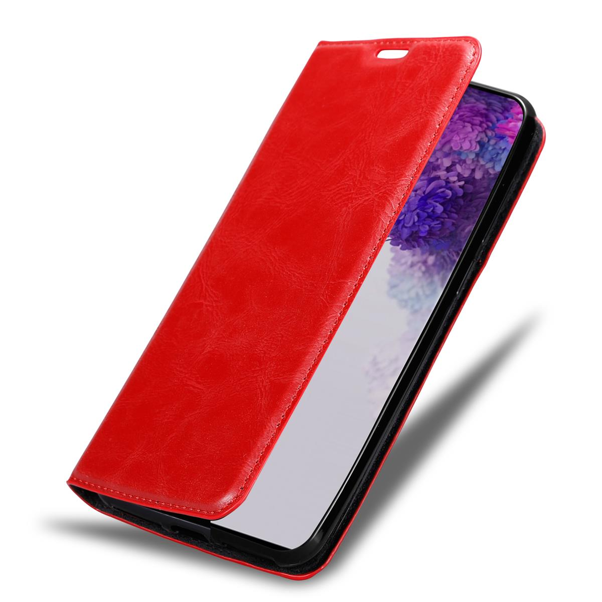 Rote Handyhülle, offen, um den Bildschirm zu zeigen. Der Bildschirm zeigt ein lila Design.