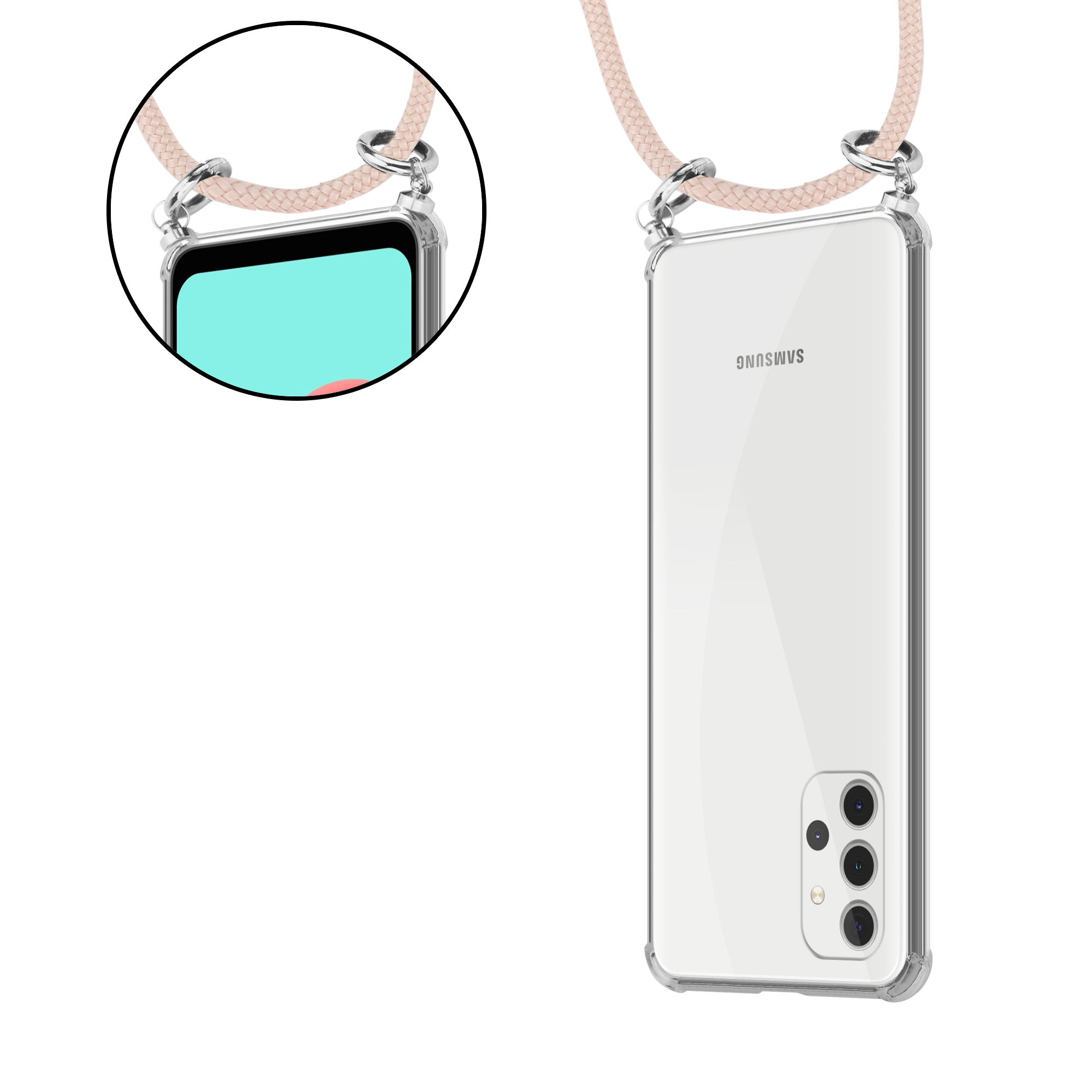 Telefon in klarer Hülle mit rosa Lanyard. Das Lanyard ist um das Telefon, zeigt die Rückseite.