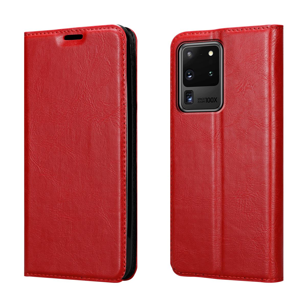 Rote Handyhülle mit Telefon darin, liegt auf einer weißen Oberfläche. Die Hülle ist geöffnet.