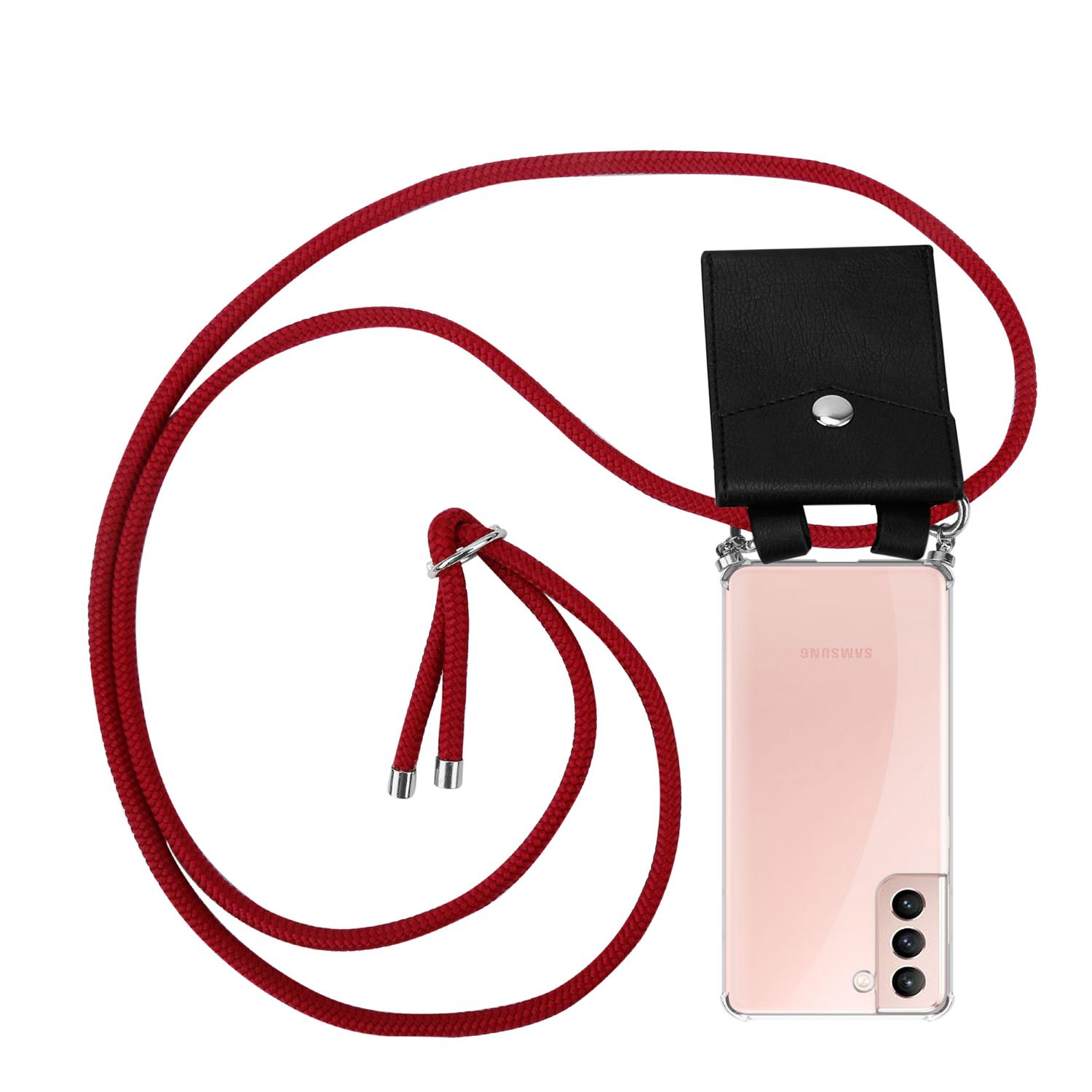 Ein rotes Schlüsselband mit schwarzem Handycase. Es ist ein Telefon darin.