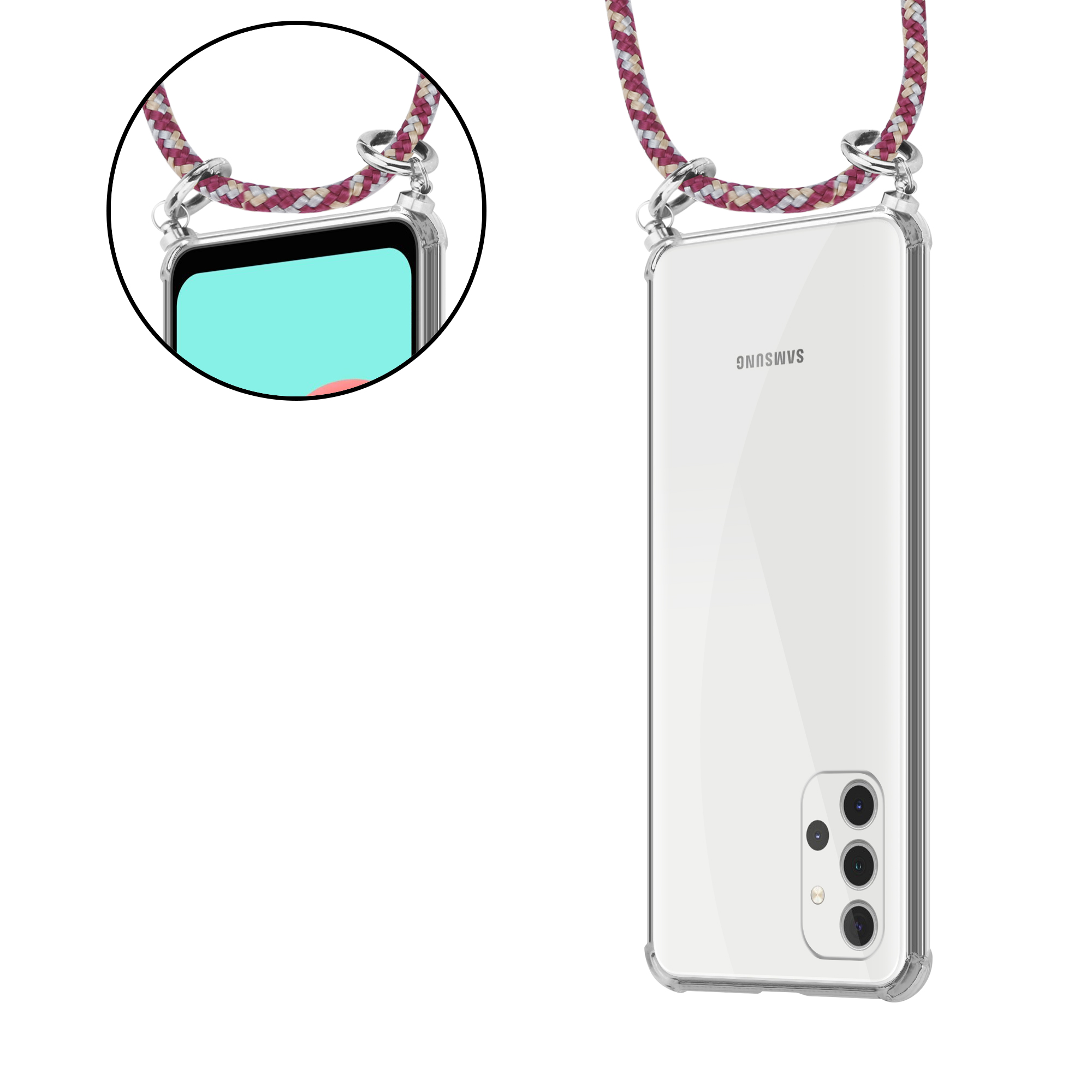 Eine transparente Handyhülle mit einem Schlüsselband. Das Telefon ist sichtbar. Der Hintergrund ist weiß. Nahaufnahme des Schlüsselbands.