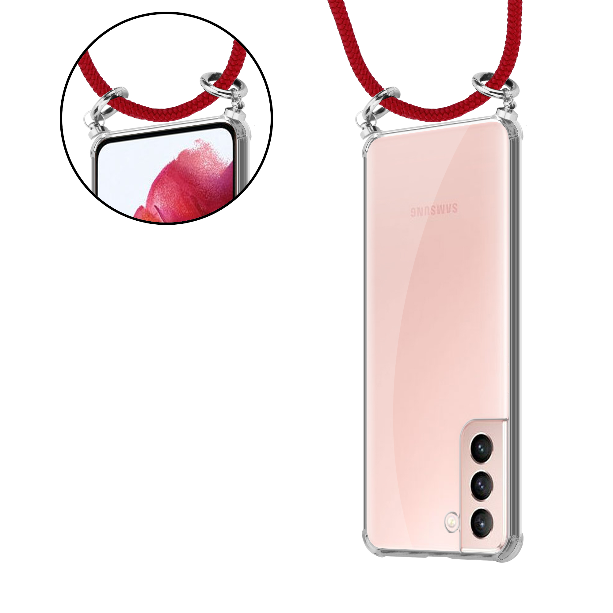 Transparente Handyhülle mit roter Kordel. Telefon sichtbar. Rote Kordel.