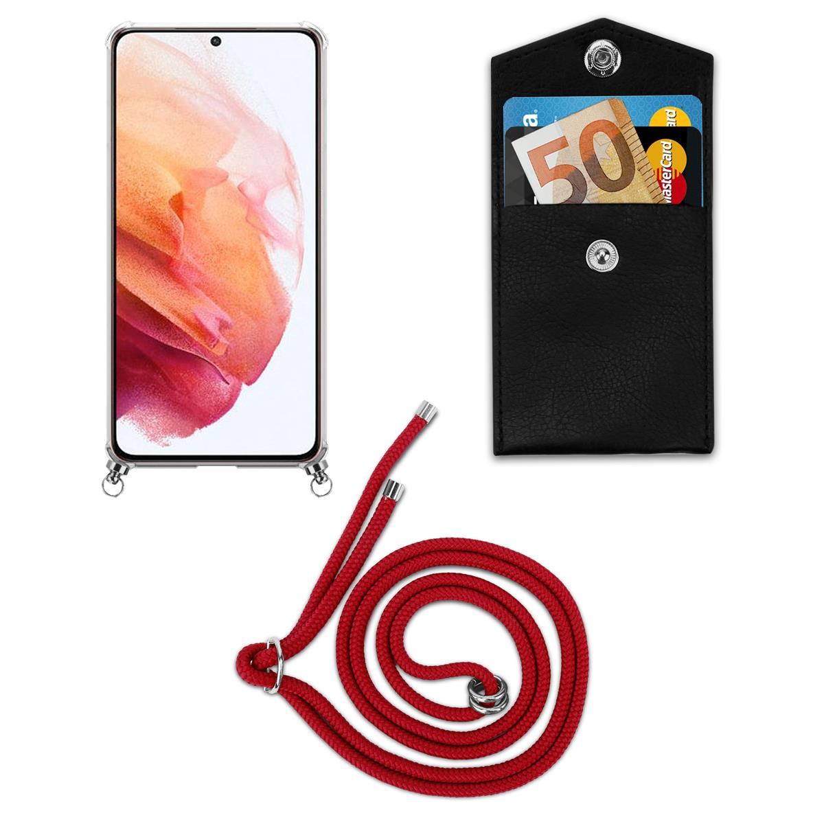 Telefon mit rotem Lanyard und schwarzem Wallet Case mit Karten darin.