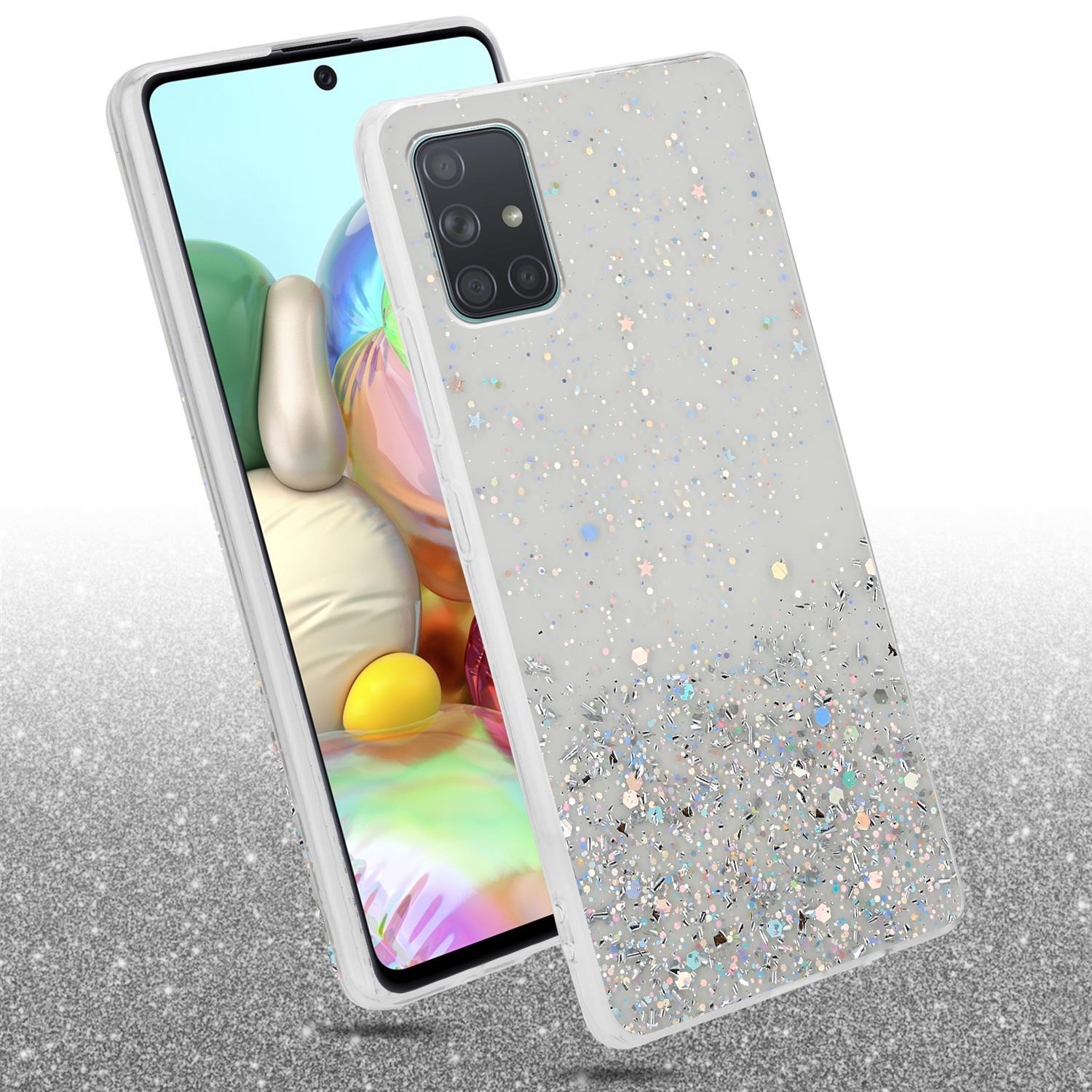 Silberne Glitzer-Handyhülle mit Telefon an der Seite, glitzernde Oberfläche.