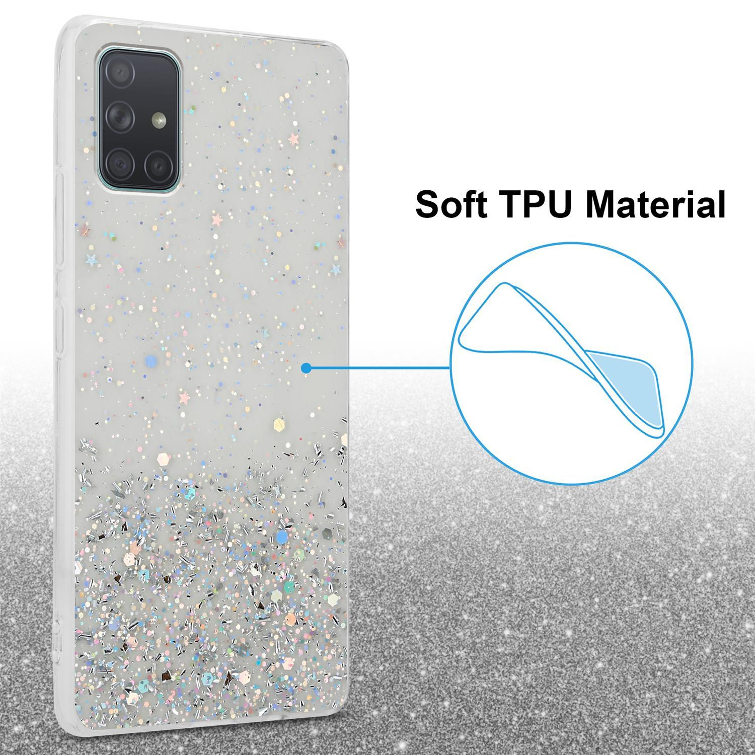 Eine Handyhülle mit Glitzer. Es ist weiß mit Glitzer und einem Glitzerdesign. Text: Soft TPU Material.