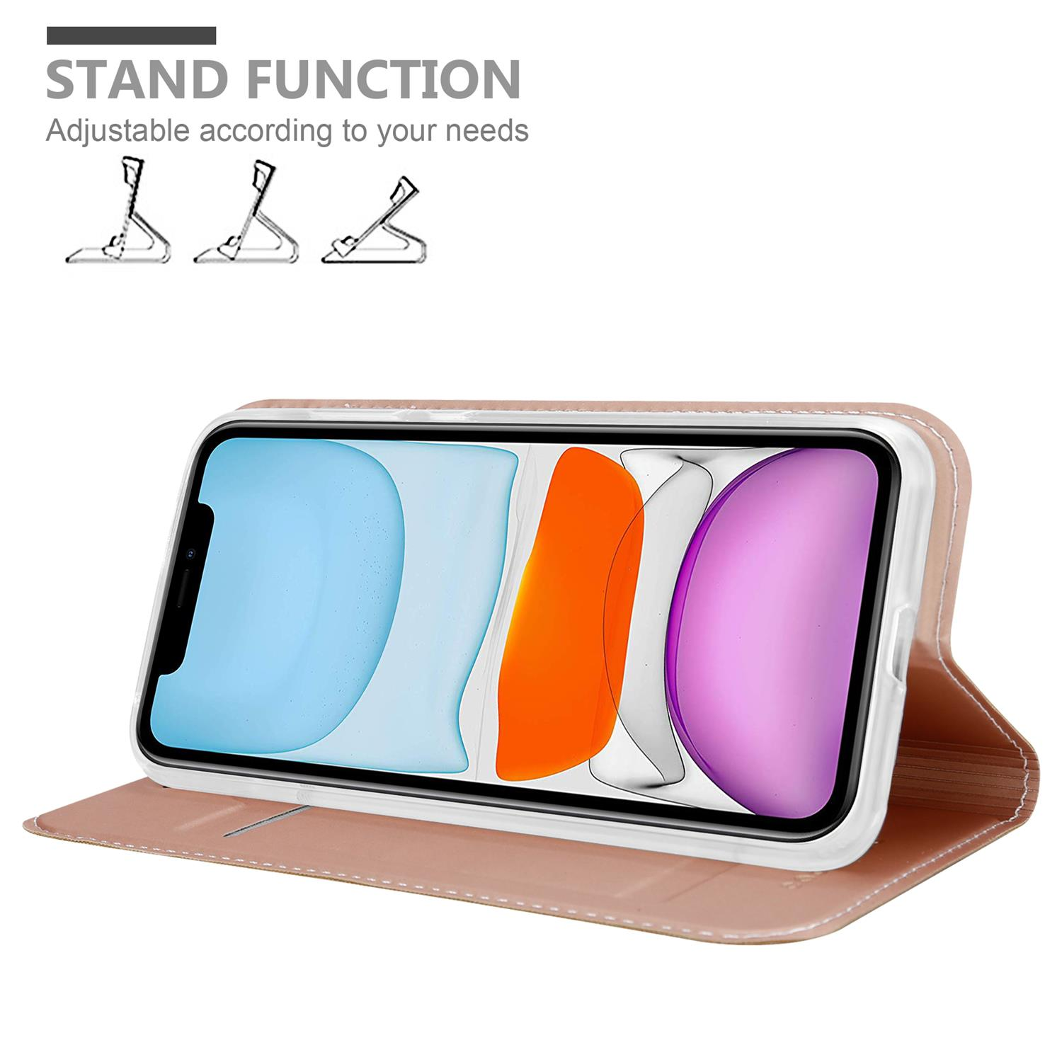 Telefono in custodia rosa, aperto per stare in piedi. Testo: FUNZIONE STAND. Icone.