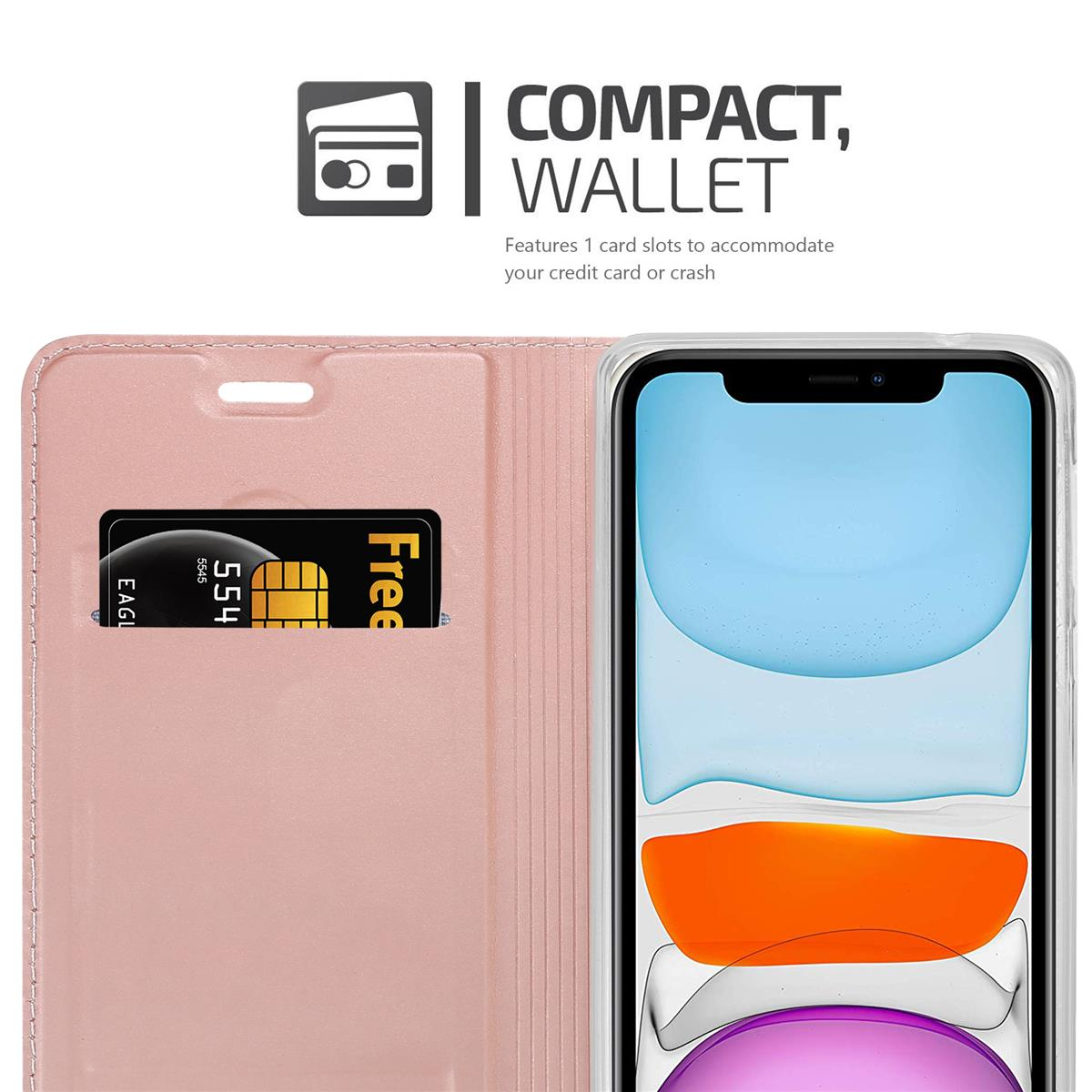 Custodia rosa per telefono con fessura per carte e telefono all'interno. Testo: COMPACT, WALLET.