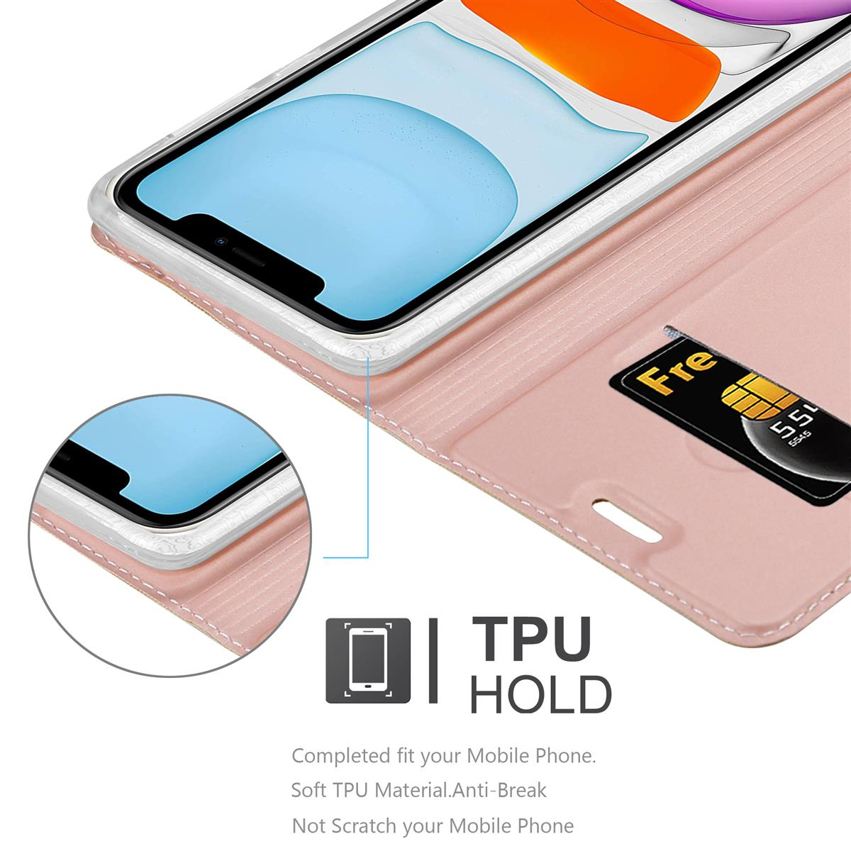 Custodia rosa per telefono con una carta all'interno. I dettagli della custodia e del telefono sono mostrati attraverso un'apertura.