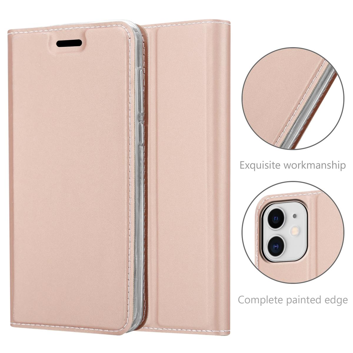 Custodia rosa per telefono, aperta, mostra telefono e dettagli di lavorazione e fotocamera.