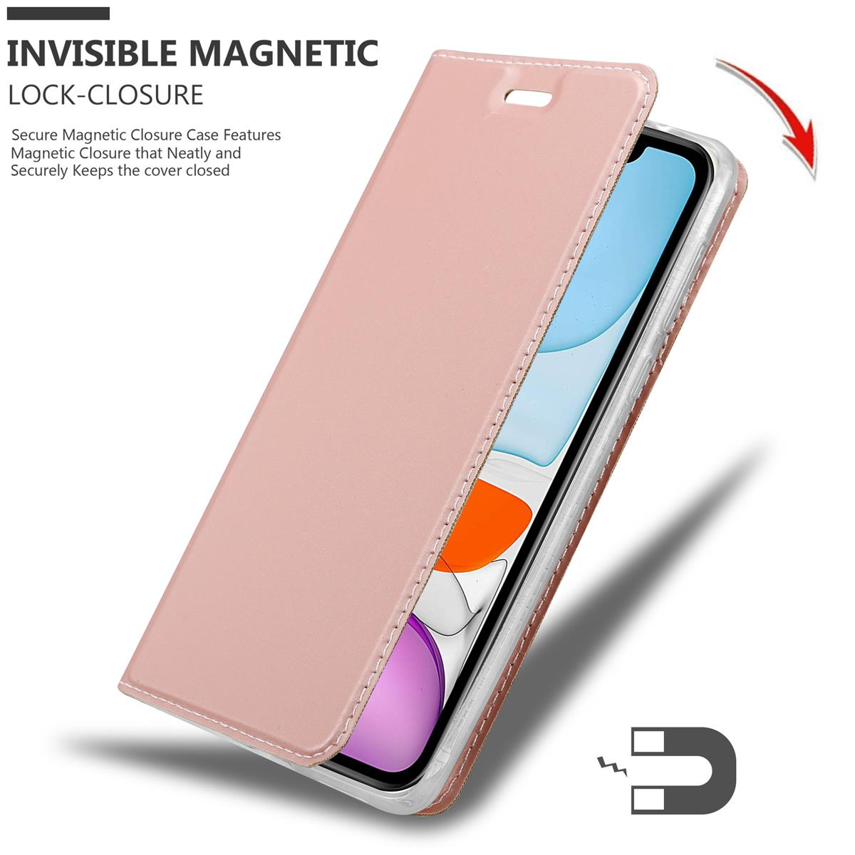 Custodia per telefono rosa, aperta, che mostra uno schermo del telefono. Un simbolo del magnete nell'angolo in basso a destra.