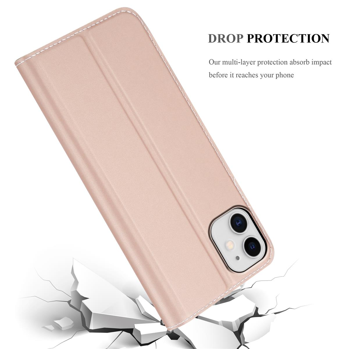 Una custodia rosa chiaro con telefono. La custodia su una superficie rotta.
