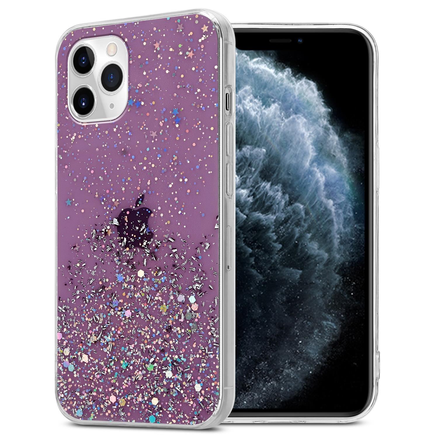 Lila Handyhülle mit Glitzer. Telefon rechts. Apple-Logo sichtbar. Klare Hülle. Glitzer unten.