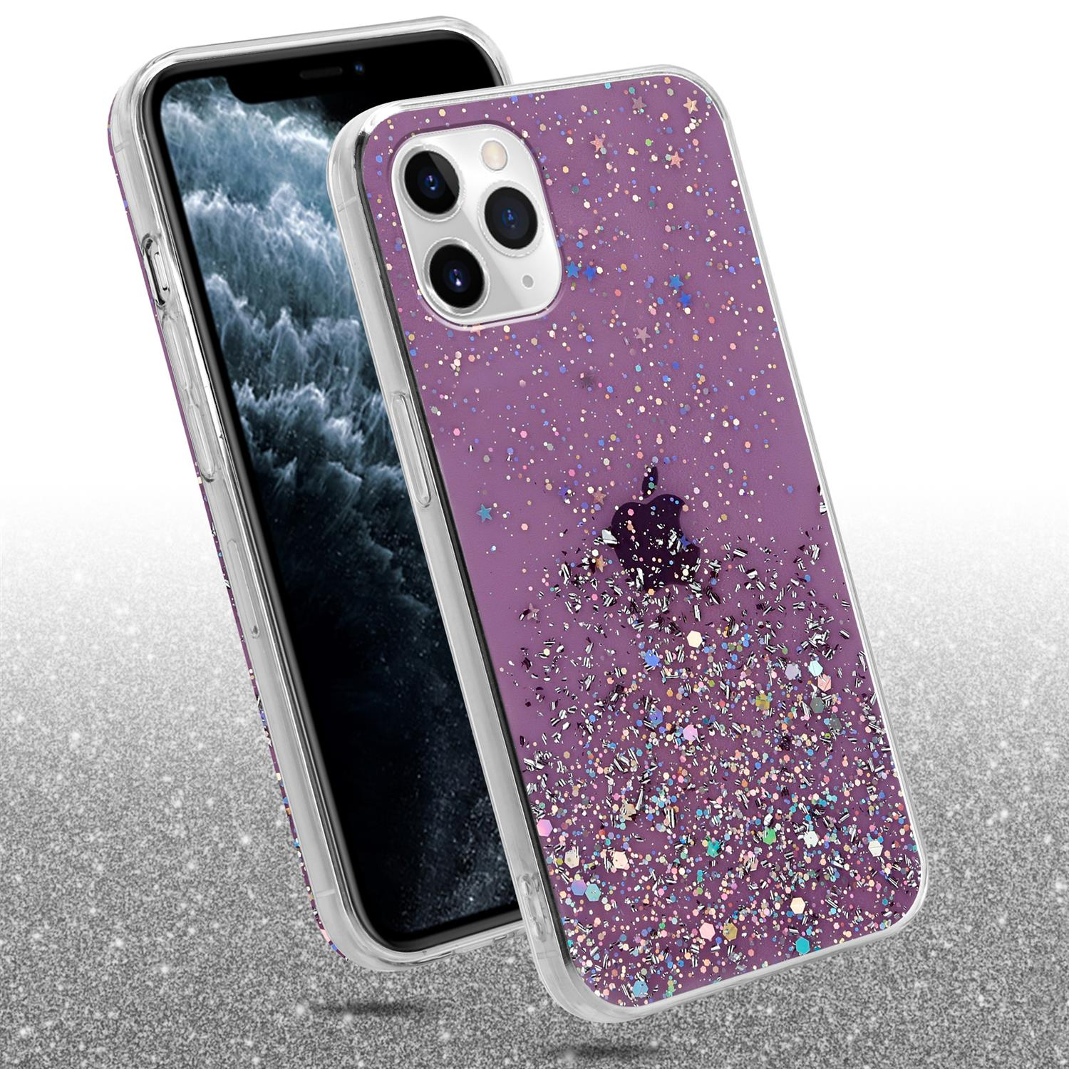 Lila Handyhülle mit Glitzer und einem Apfel-Logo.