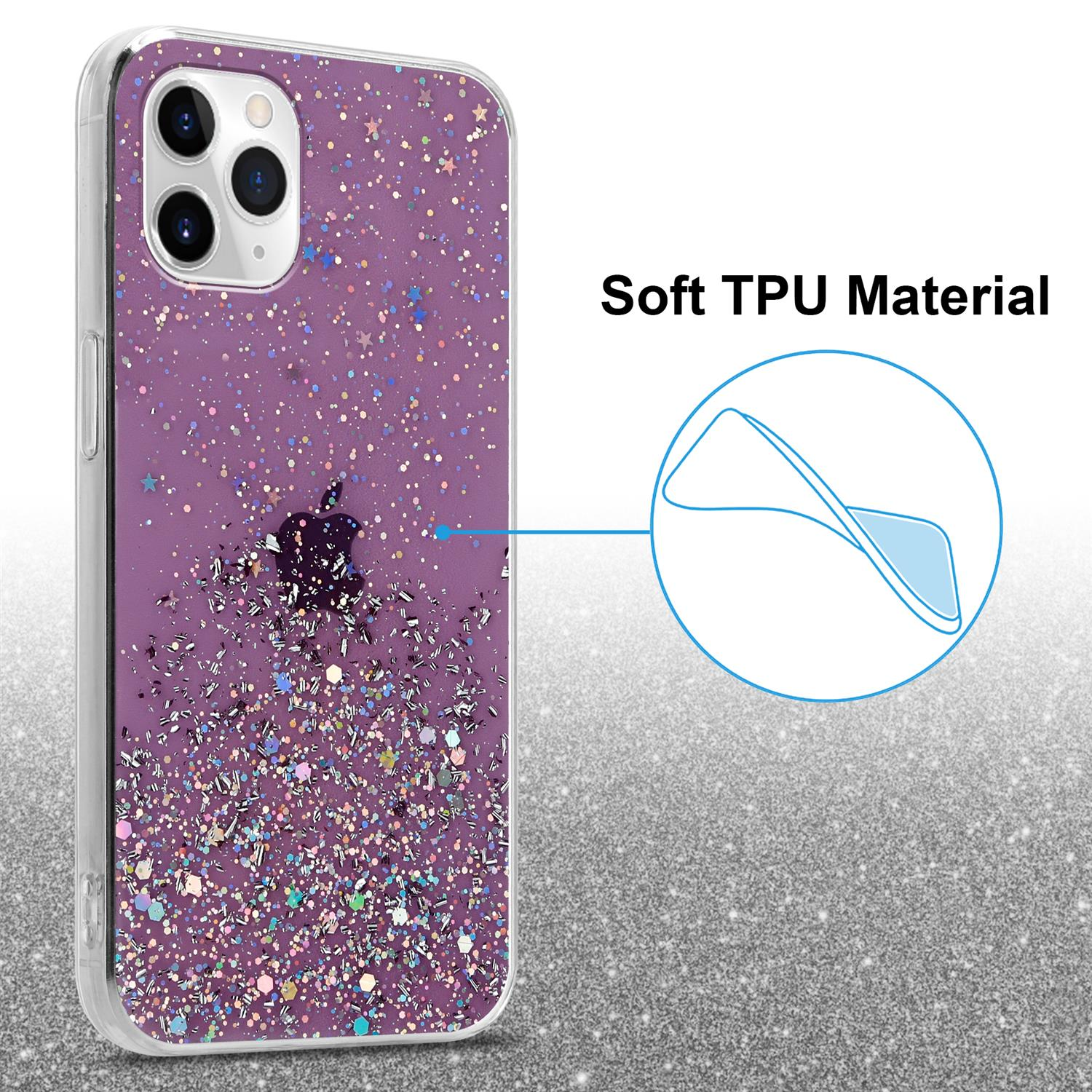 Eine lila Handyhülle mit Glitzer. Das Telefon befindet sich darin. Eine Nahaufnahme des Glitzers wird gezeigt.