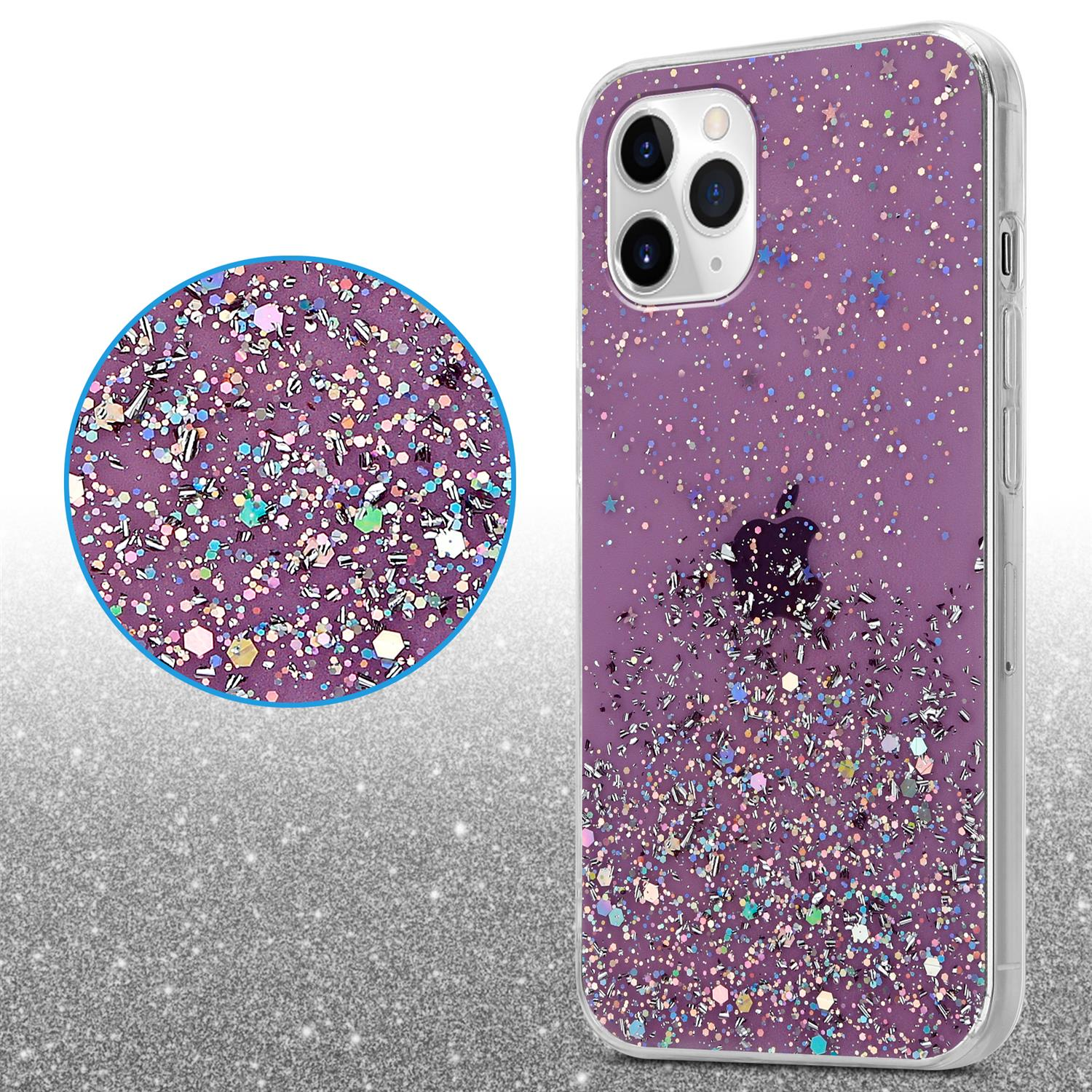 Lila Handyhülle mit Glitzer. Eine Nahaufnahme zeigt ein Detail von Glitzer. Die Hülle hat einen klaren Rand.