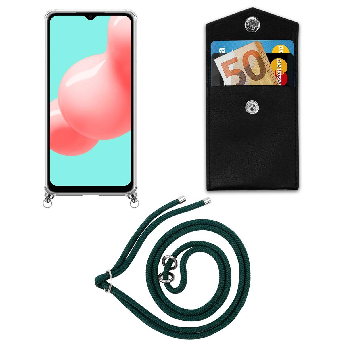 Schwarze Handyhülle mit grünem Riemen. Ein Telefon wird mit Karten und Geld in einer Tasche gezeigt.