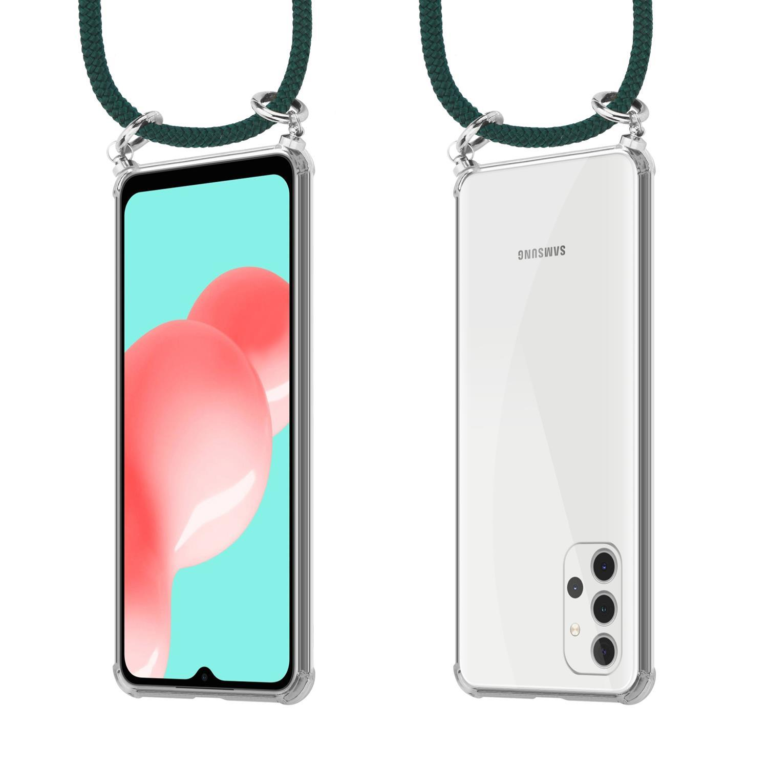 Telefon in einer transparenten Hülle mit grünem Seilriemen, Vorder- und Rückseite zeigend.