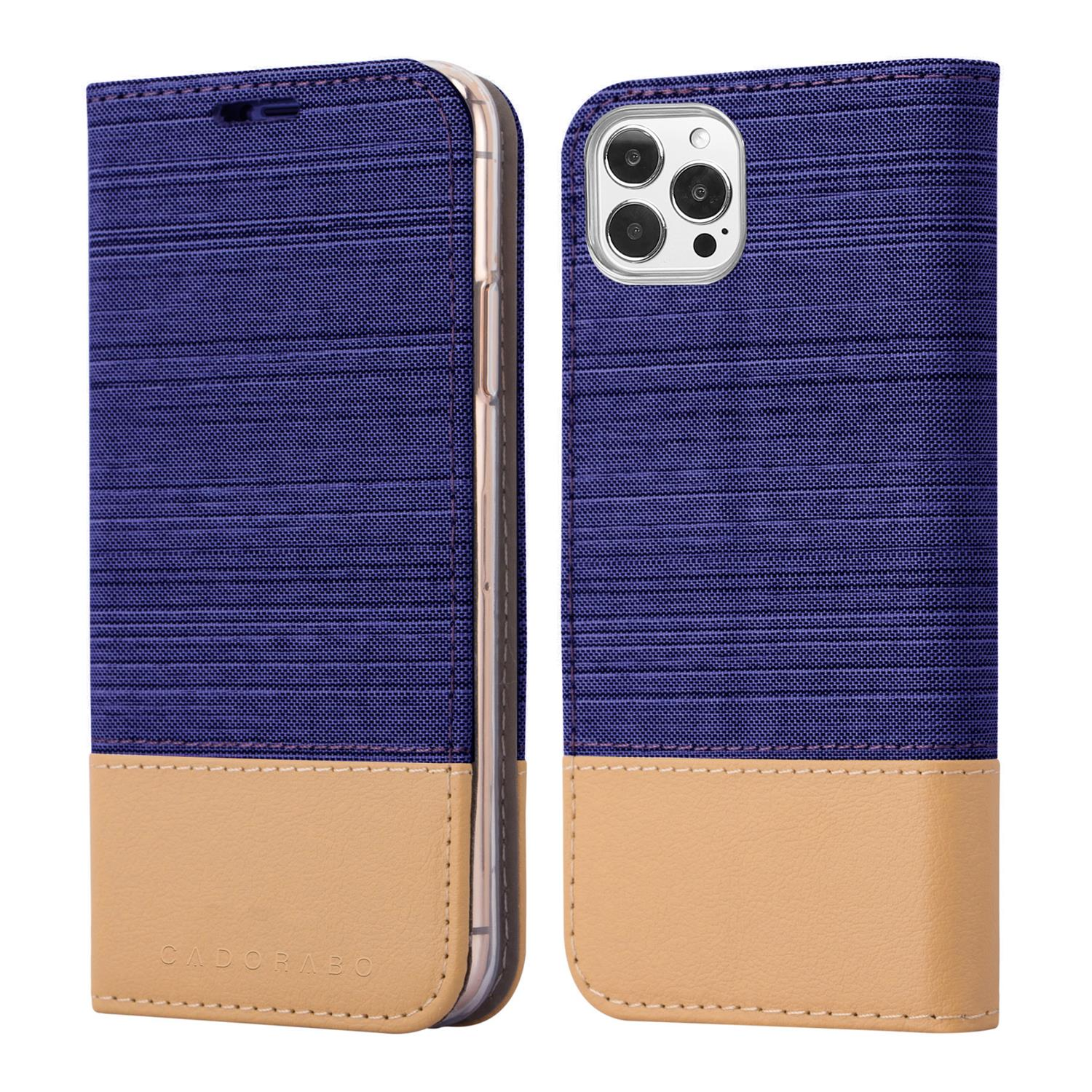 Due custodie per telefono, una aperta e una chiusa, con un design blu e beige. Il nome del marchio è visibile.
