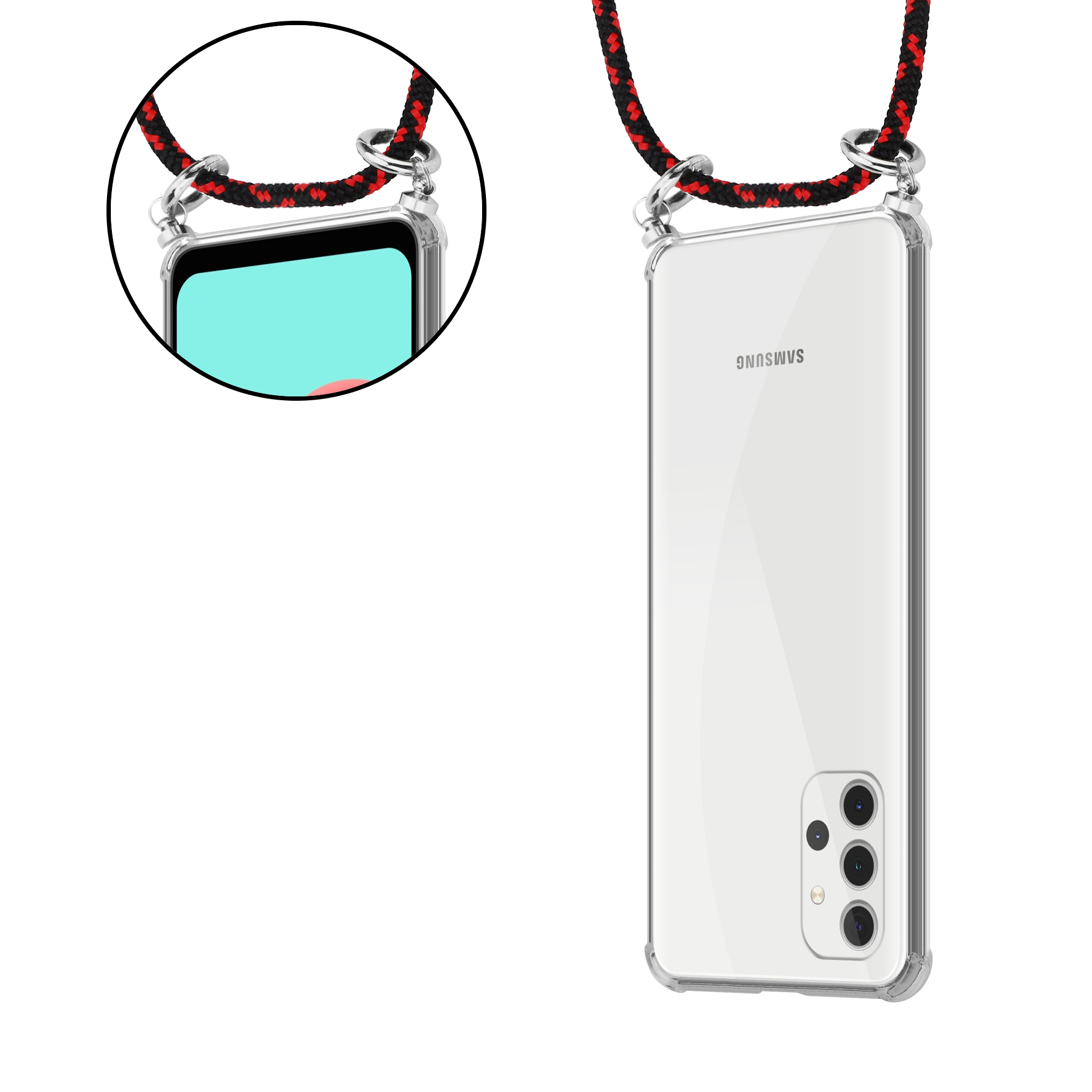 Eine transparente Handyhülle mit Trageriemen. Das Telefon ist teilweise sichtbar, mit Nahaufnahme der Kameralinse.
