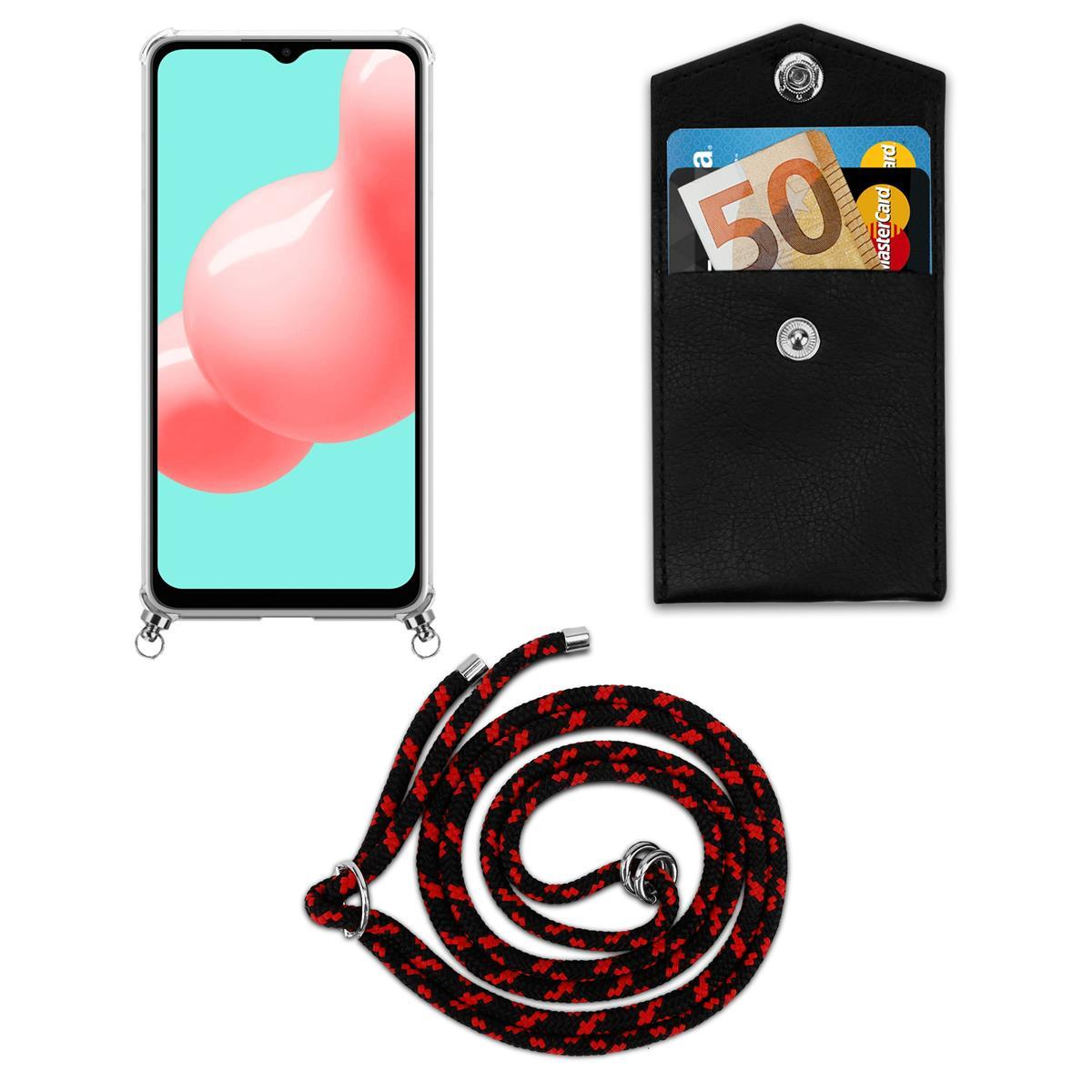 Telefon mit Lanyard, schwarze Hülle mit Kartenhalter und Geld darin, und ein Telefonbildschirm.