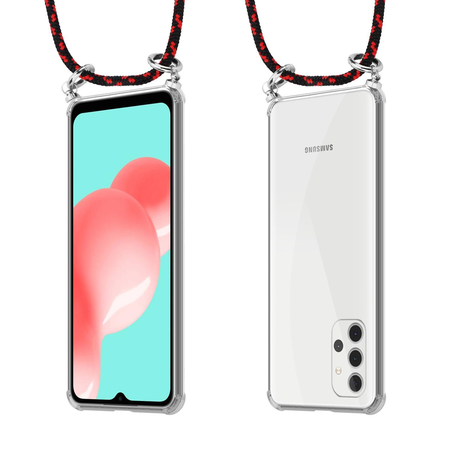 Zwei Telefone in transparenten Hüllen, die an einem rot-schwarzen Lanyard befestigt sind. Eines zeigt Bildschirm, das andere die Rückseite.