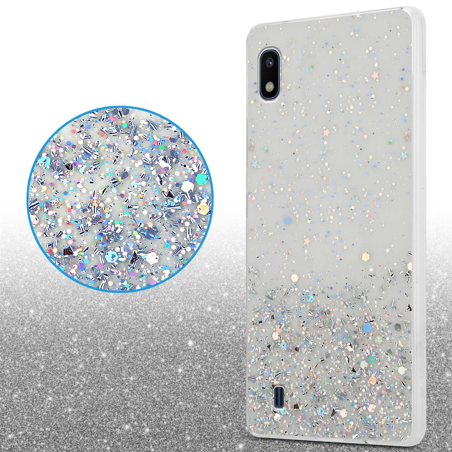 Weiße Handyhülle mit Glitzer. Ein kreisförmiges Detail des Glitzers und die Handyhülle auf einer flachen Oberfläche.
