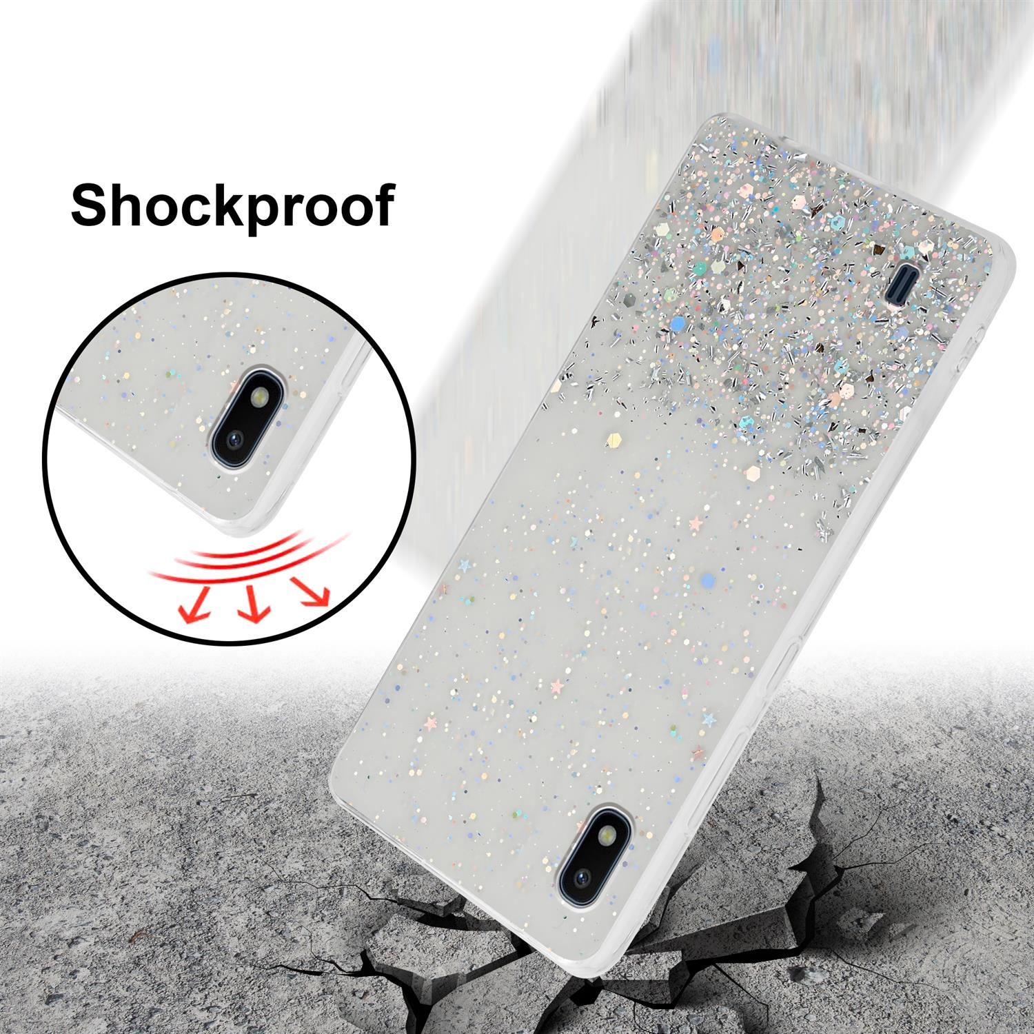Glitzernde Handyhülle mit Sternen und einem Telefon, zeigt das stoßfeste Design.