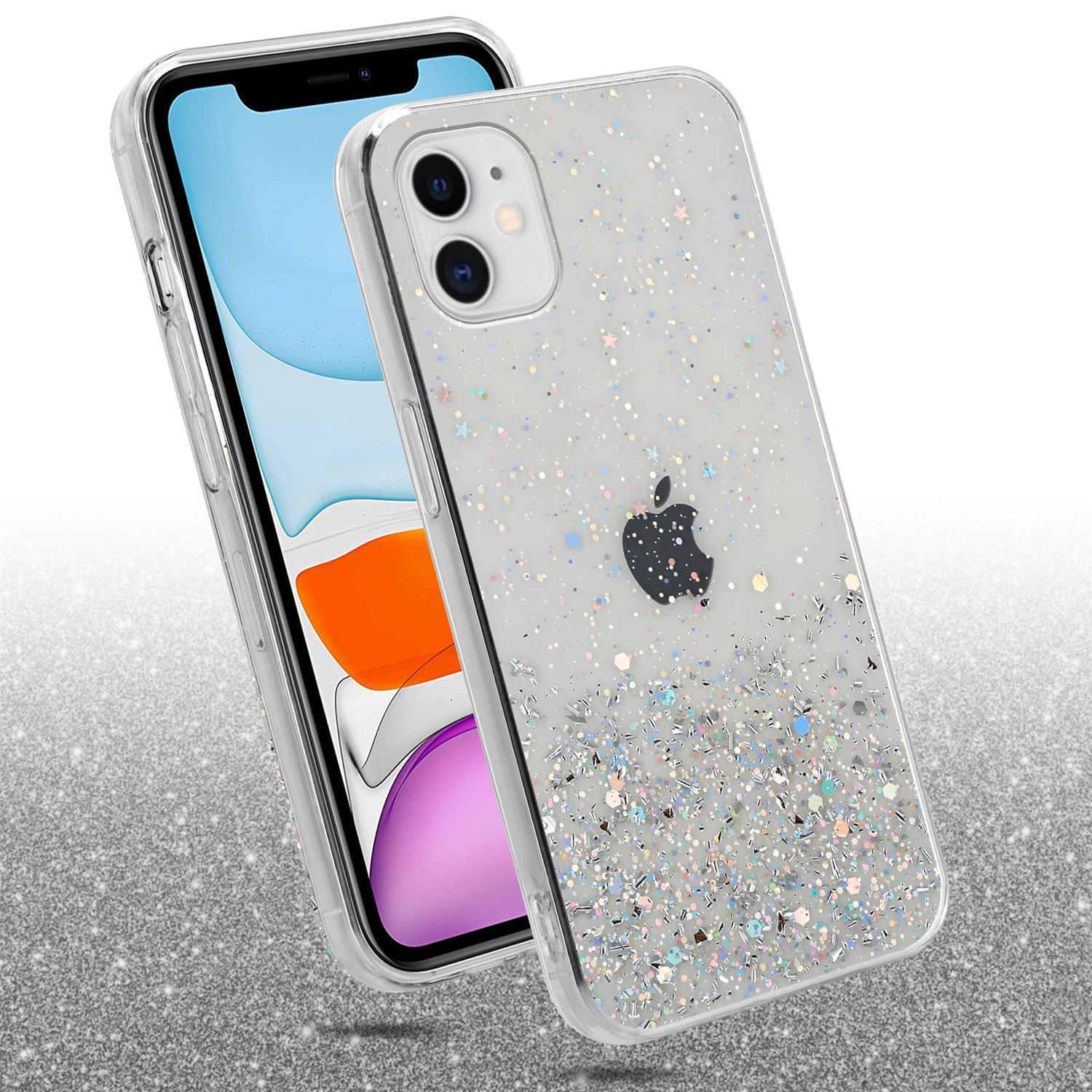 Zwei Telefone, eines mit Glitzerhülle und das andere mit Bildschirm. Die Hülle hat ein schwarzes Apple-Logo.