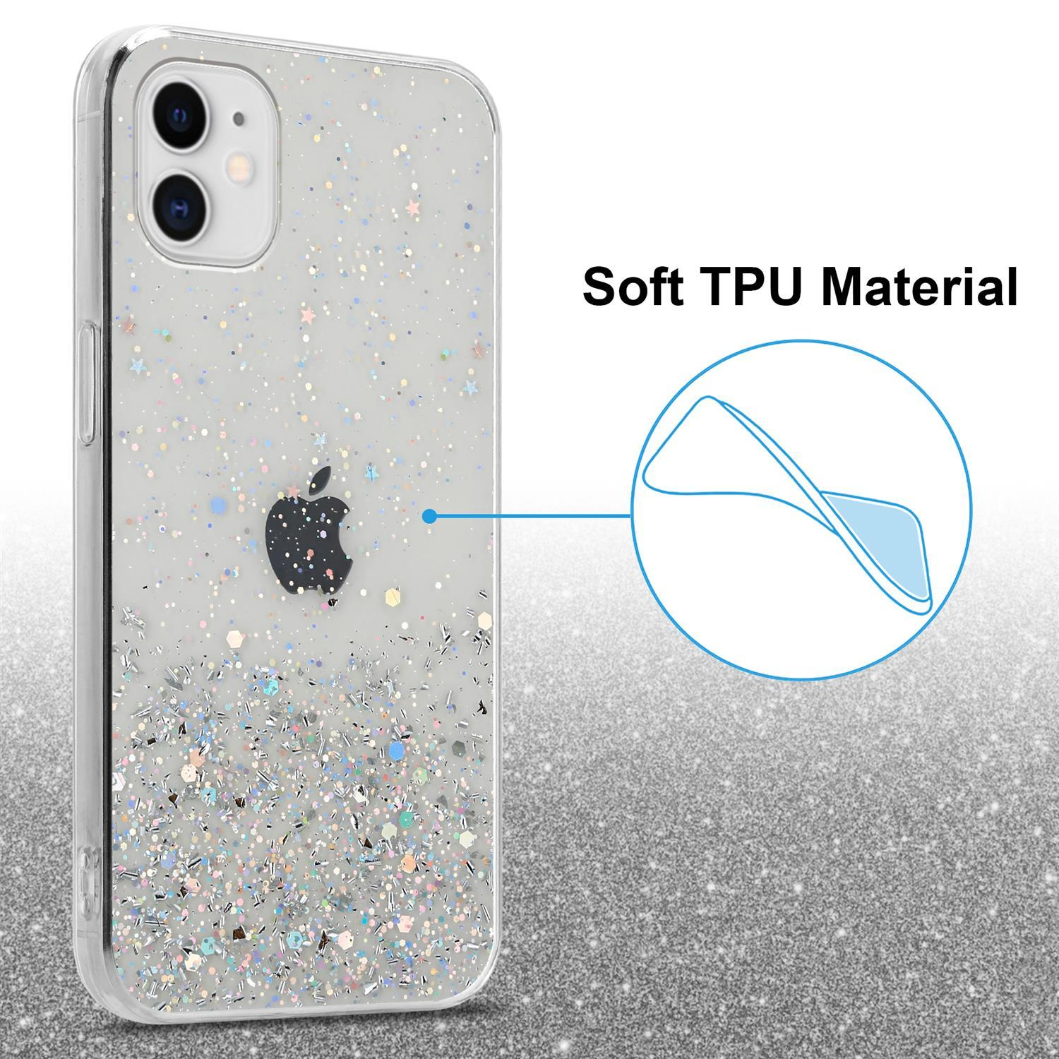 Transparente Handyhülle mit Glitzer und einem Apple-Logo. Der Text lautet Soft TPU Material.