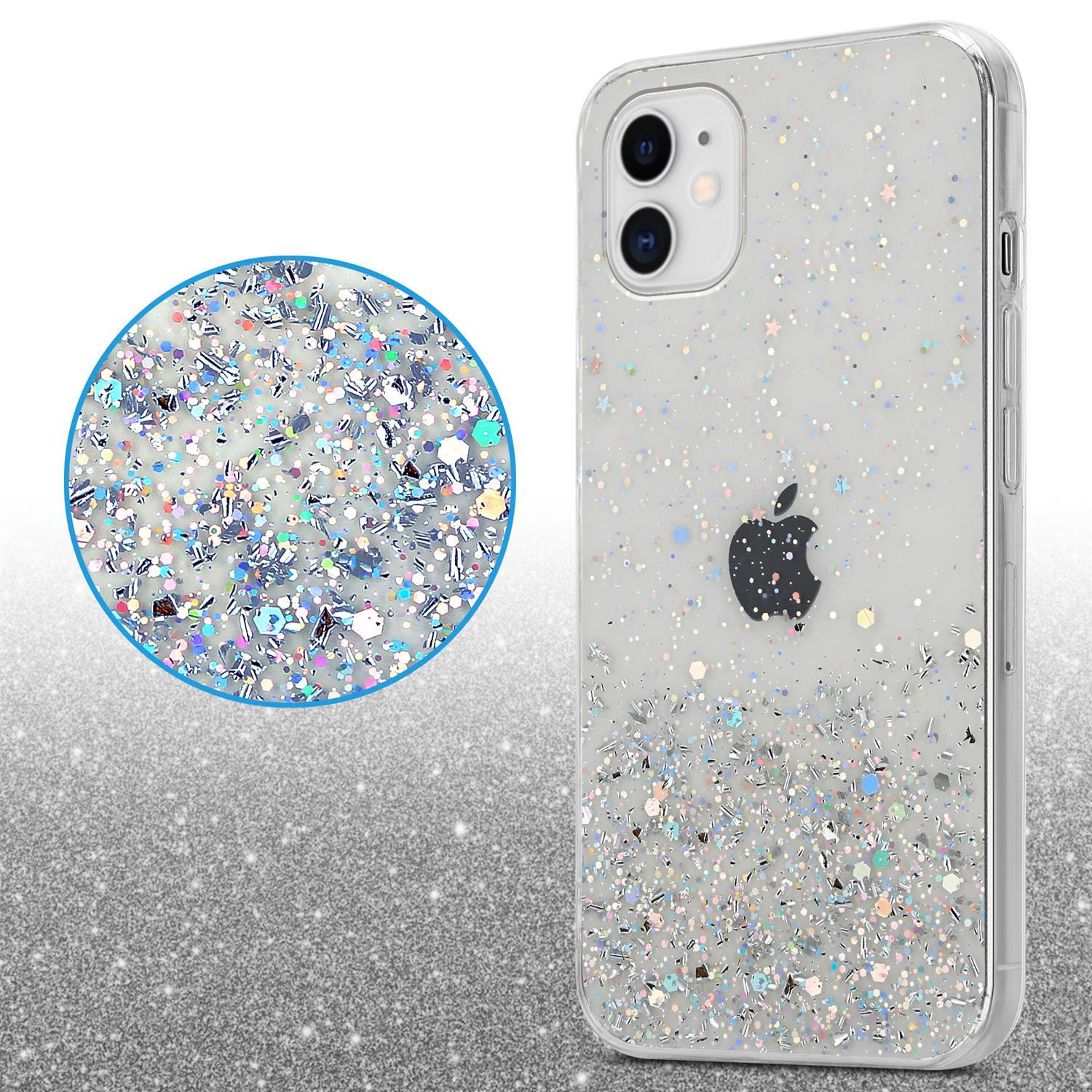 Transparente Handyhülle mit Glitzer. Nahaufnahme von Glitzer in einem Kreis. Apple-Logo hinten.