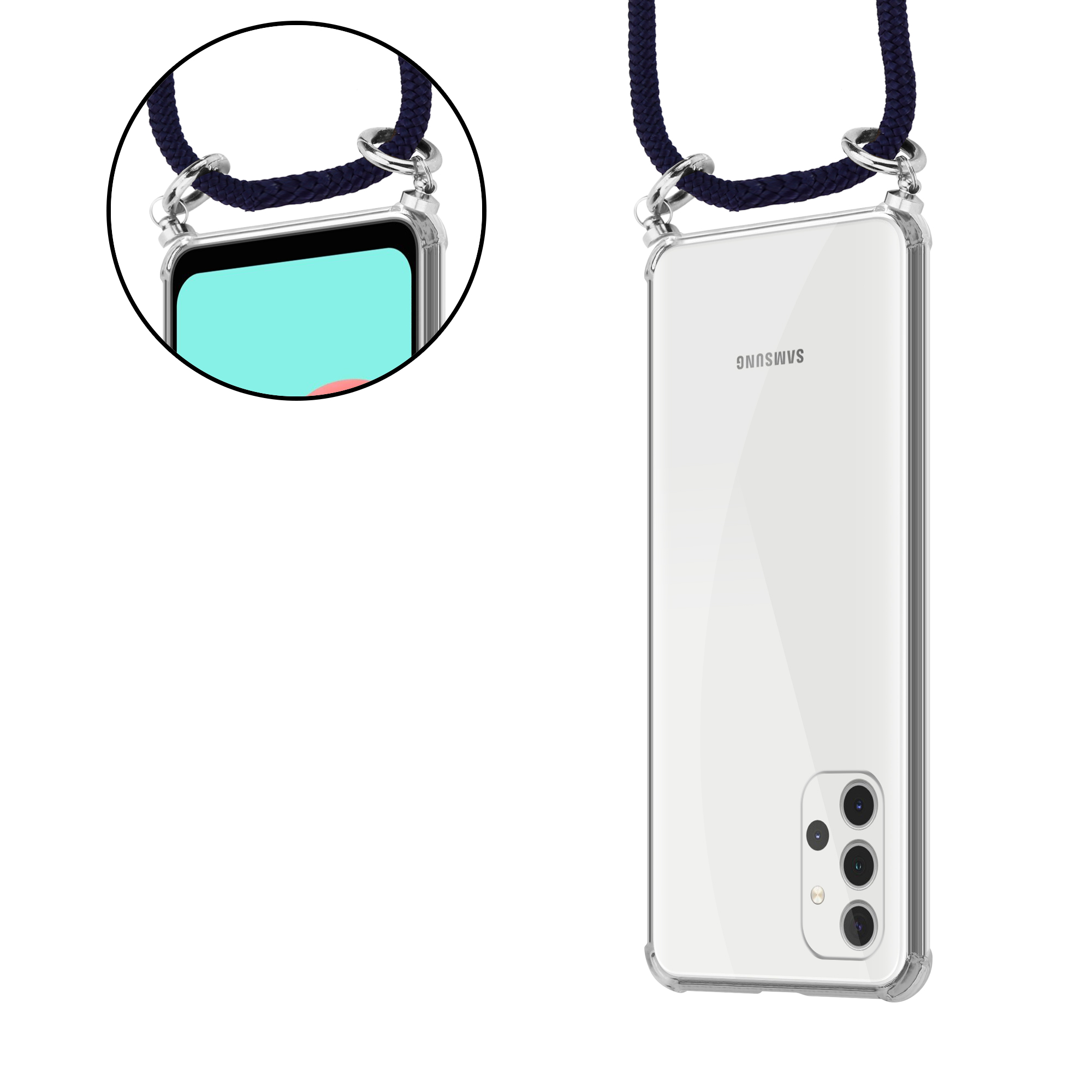 Ein Telefon in einer durchsichtigen Hülle. Der Gurt ist dunkelblau. Das Telefon ist weiß mit drei Kameralinsen.