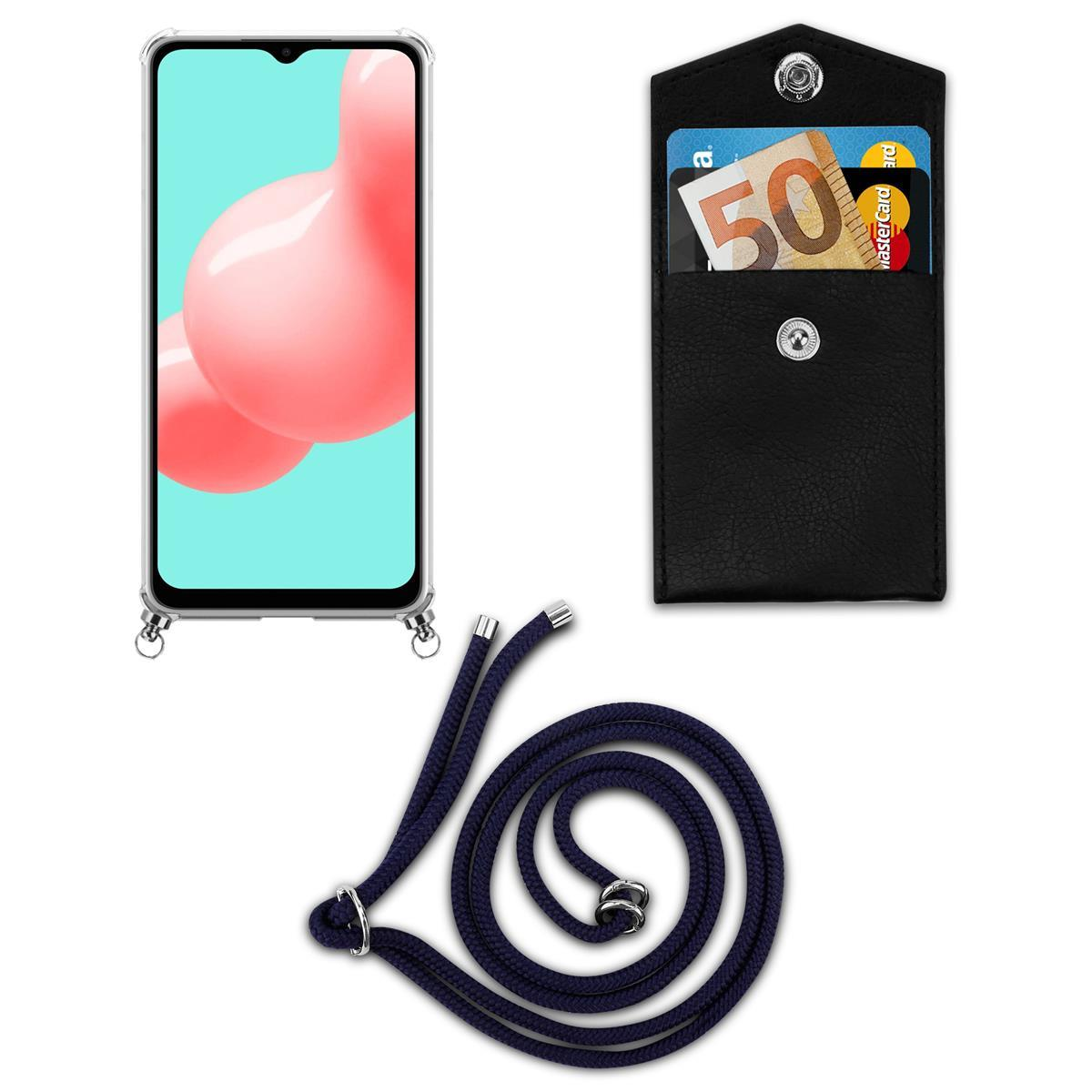 Ein Telefon mit einem Nackengurt und einem Kartenhalter mit einem 50-Euro-Schein darin. Das Telefon ist in einer transparenten Hülle.