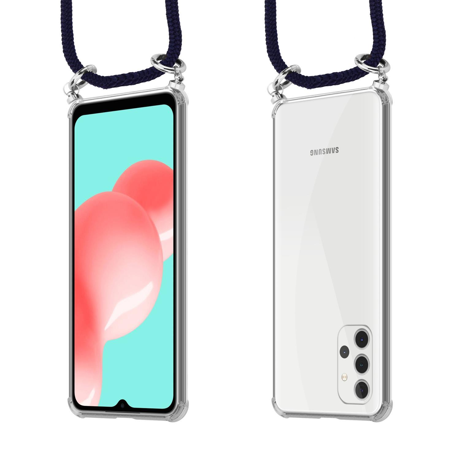Ein Telefon, das an einem Lanyard befestigt ist. Das Telefon ist von vorne und hinten zu sehen. Rosa und orange Farbe auf dem Bildschirm.
