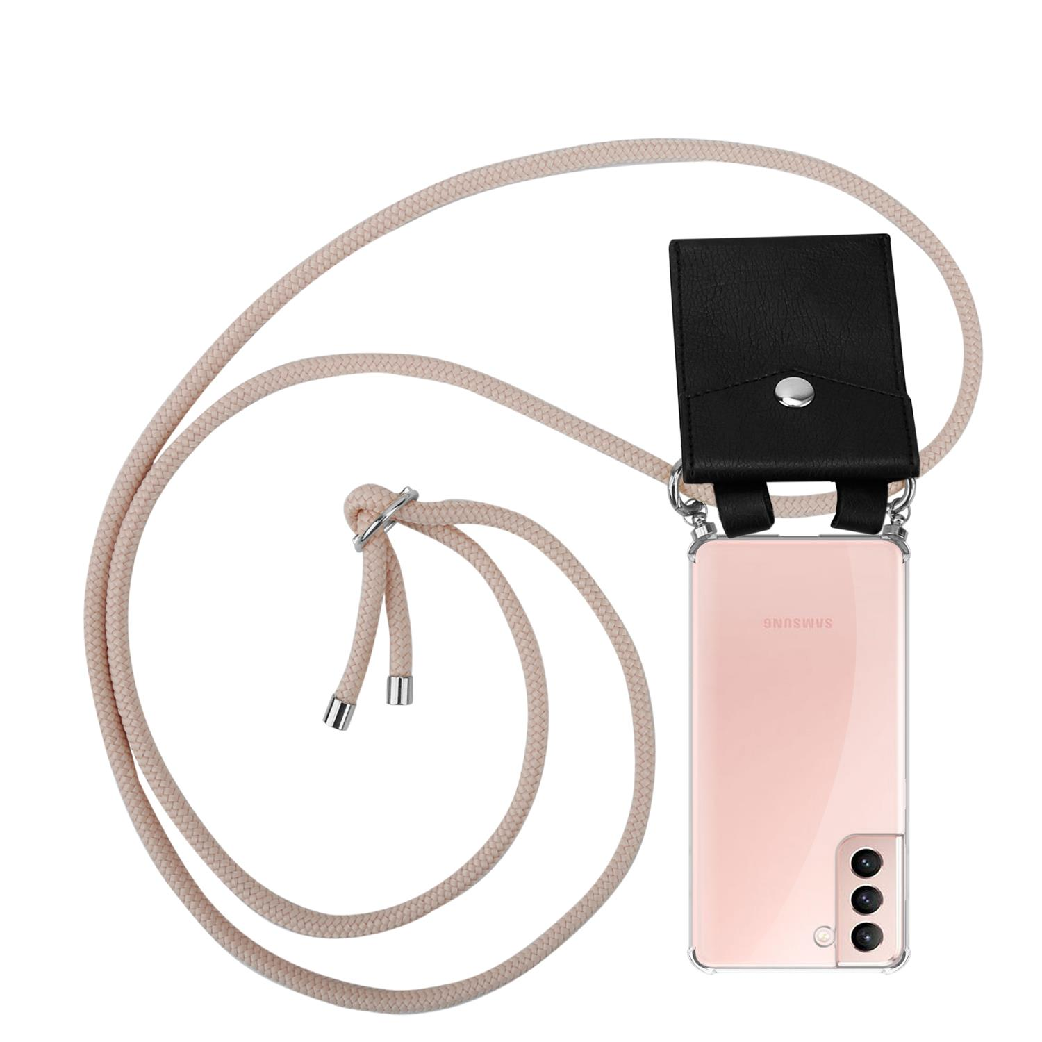 Telefon mit rosa Handyhülle mit beigem Riemen. Der Riemen ist mit der Handyhülle verbunden.