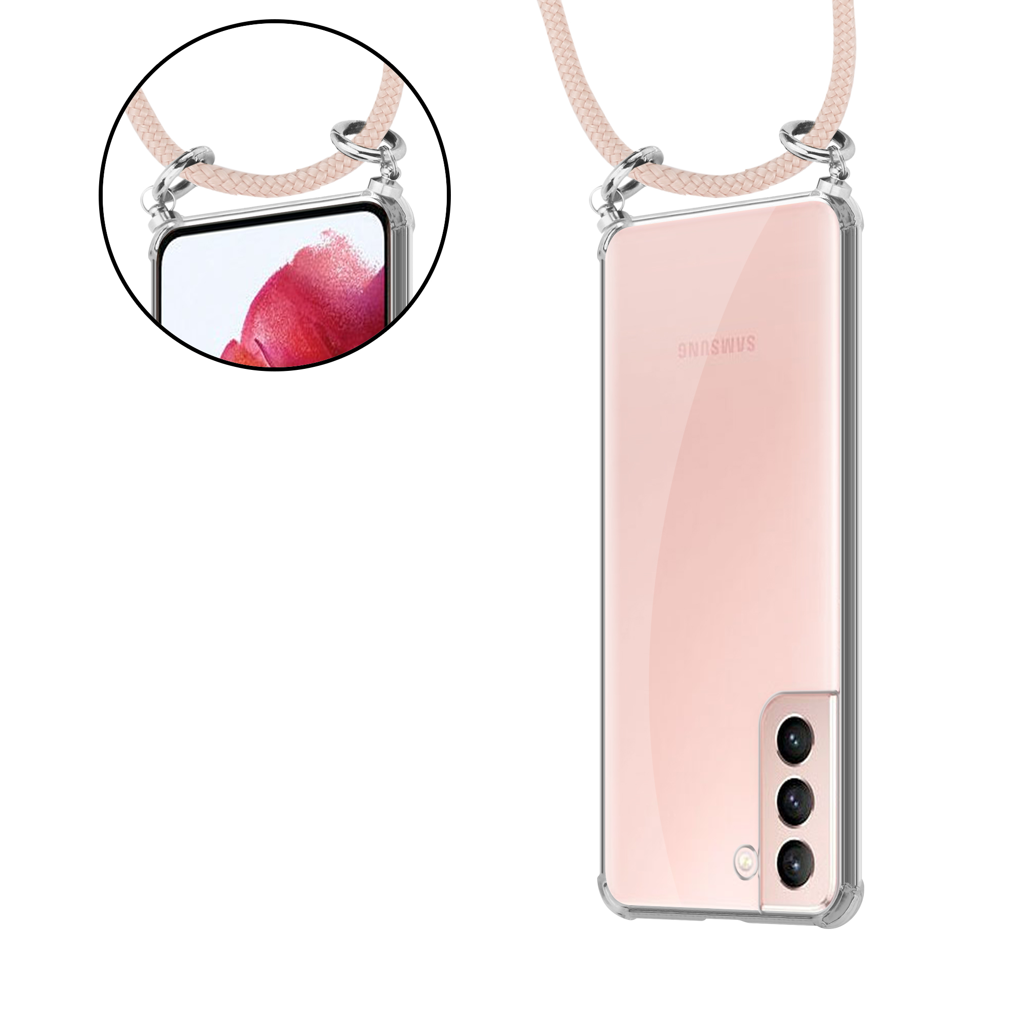 Transparente Handyhülle mit Telefon und Lanyard. Das Telefon hat drei Kameras.