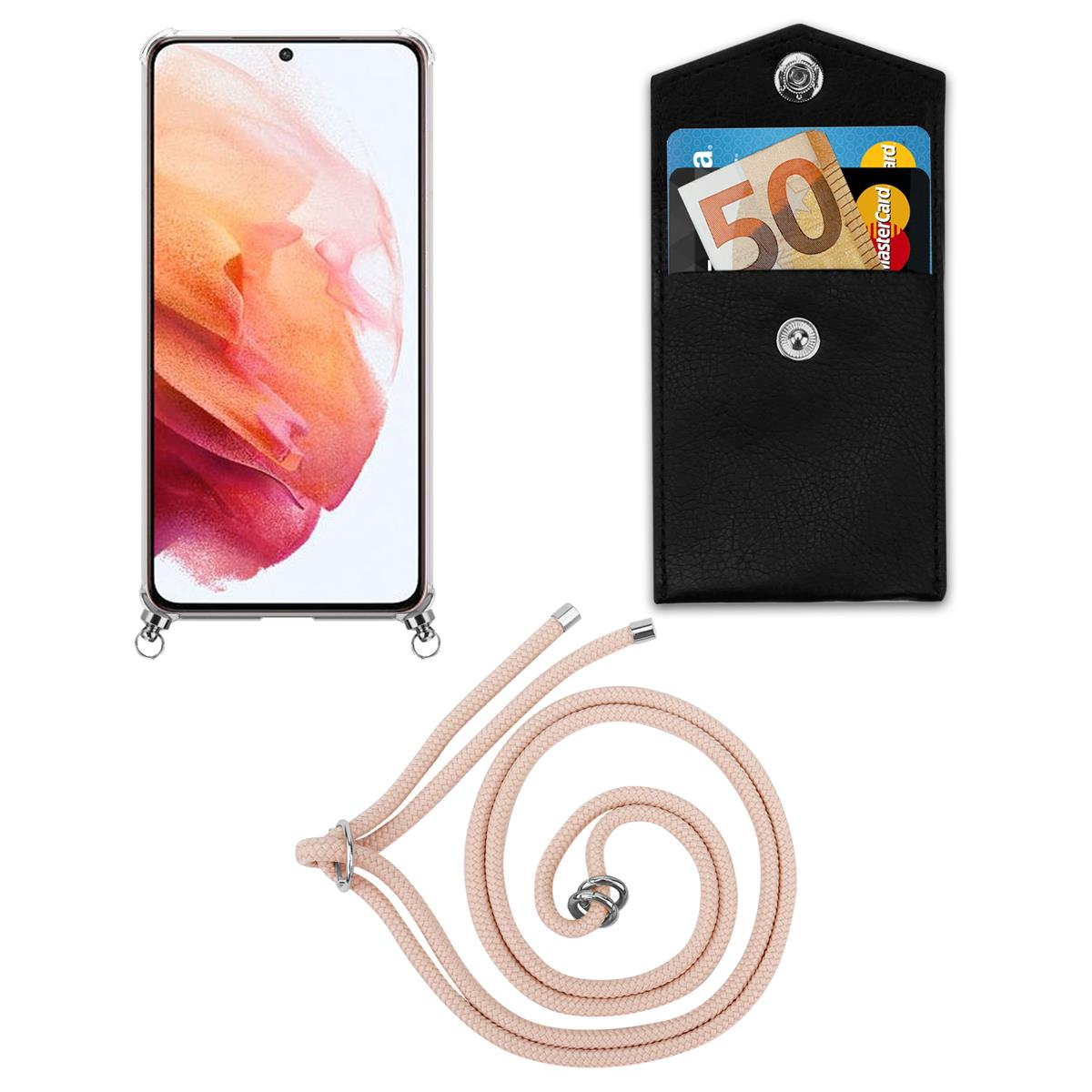 Smartphone mit Lanyard und rosa Kartenhalter. Grün und weißer Hintergrund.