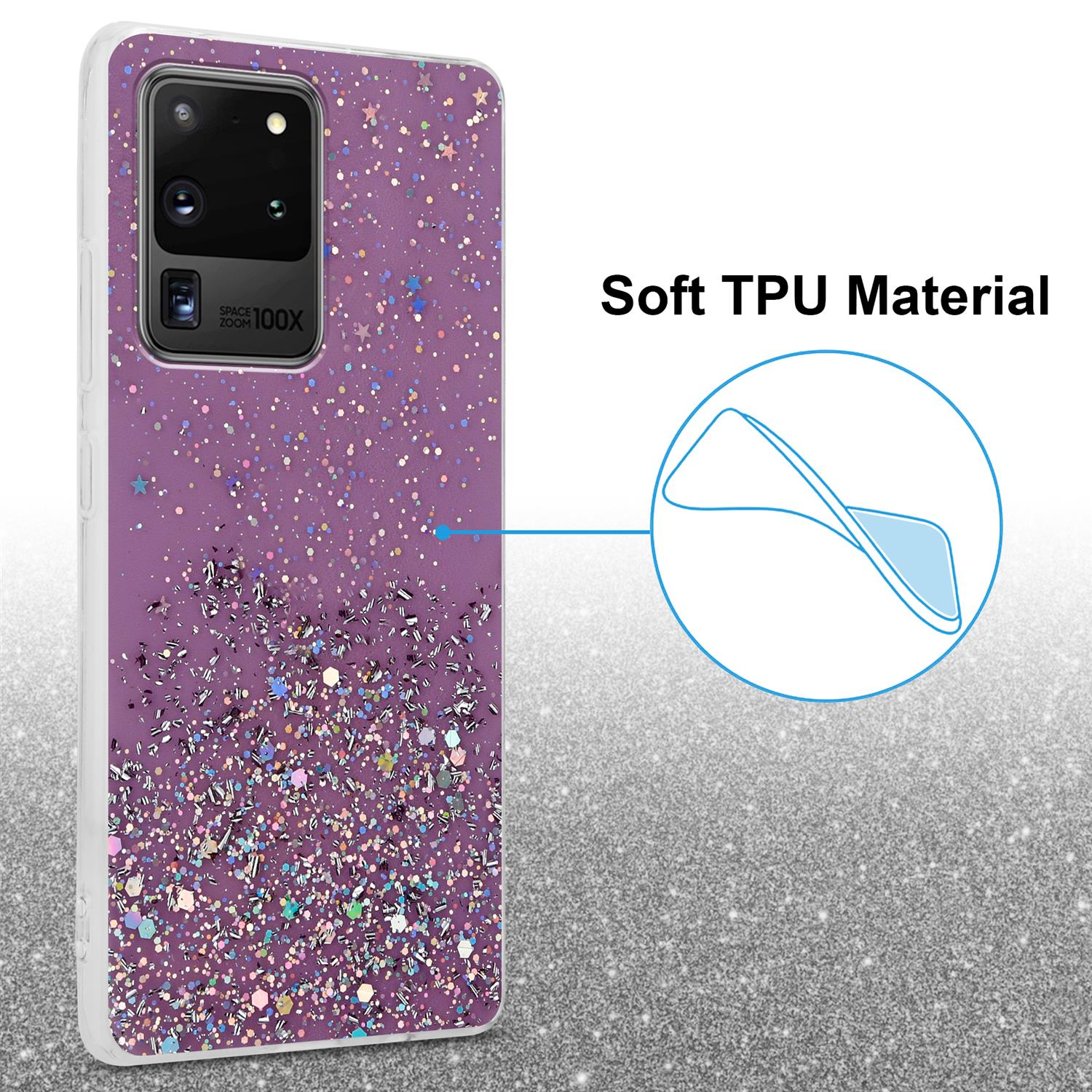 mit funkelnden Glitter, Backcover, Galaxy Lila ULTRA, mit Schutzhülle CADORABO Samsung, S20 Glitter