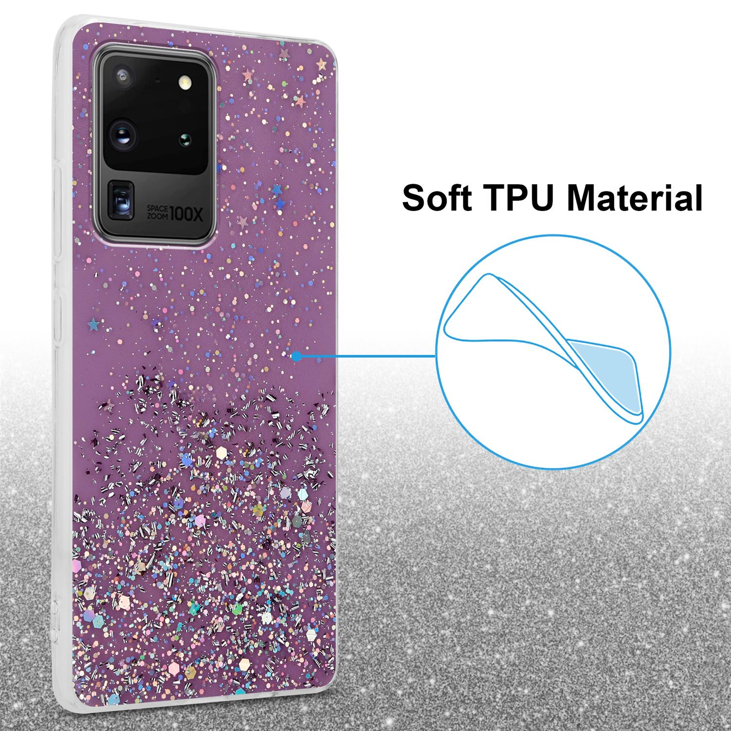 Custodia viola con glitter scintillanti, fotocamera del telefono e un dettaglio circolare azzurro.