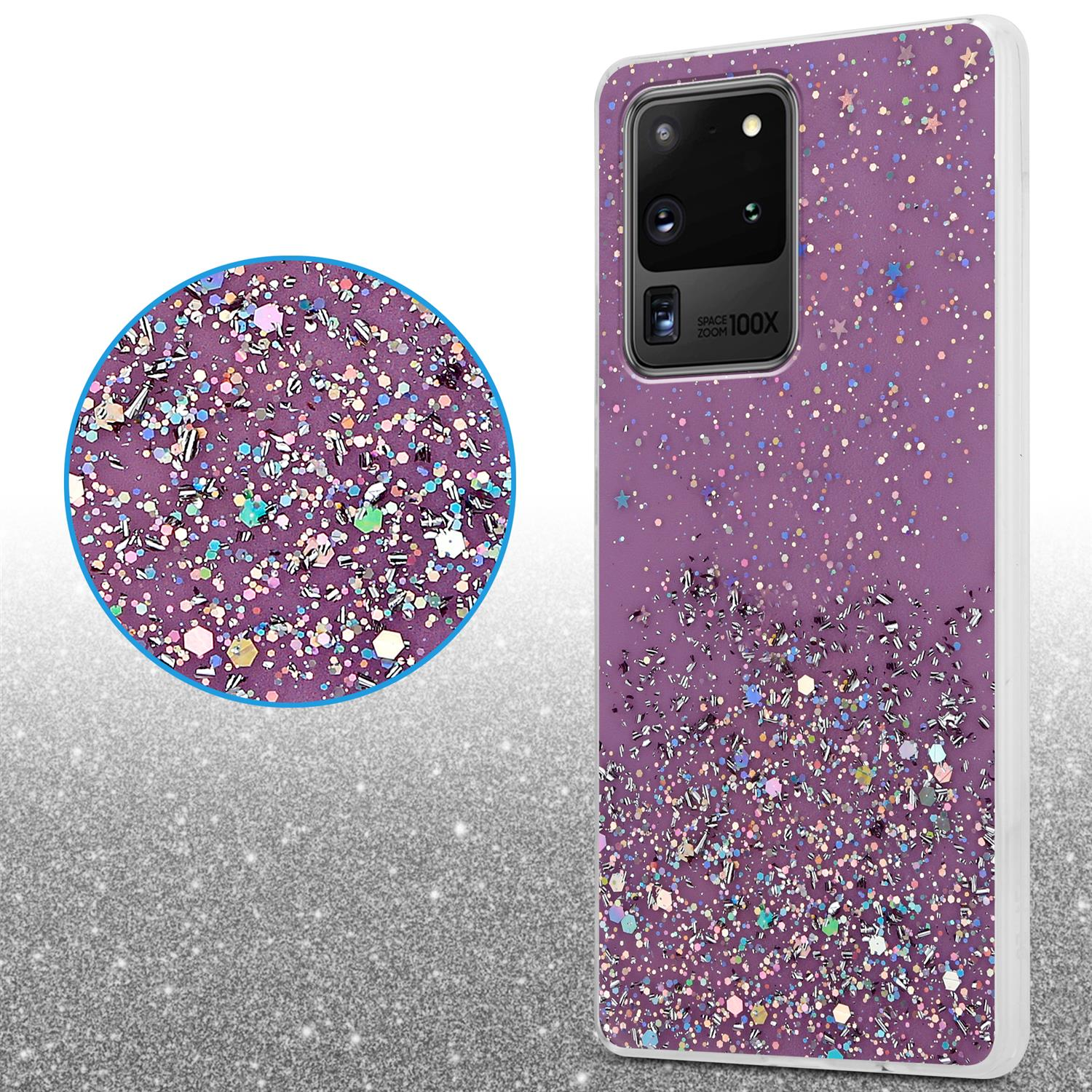 Custodia per telefono con design glitterato. La custodia è viola e ha un effetto glitterato. Il telefono è a destra.