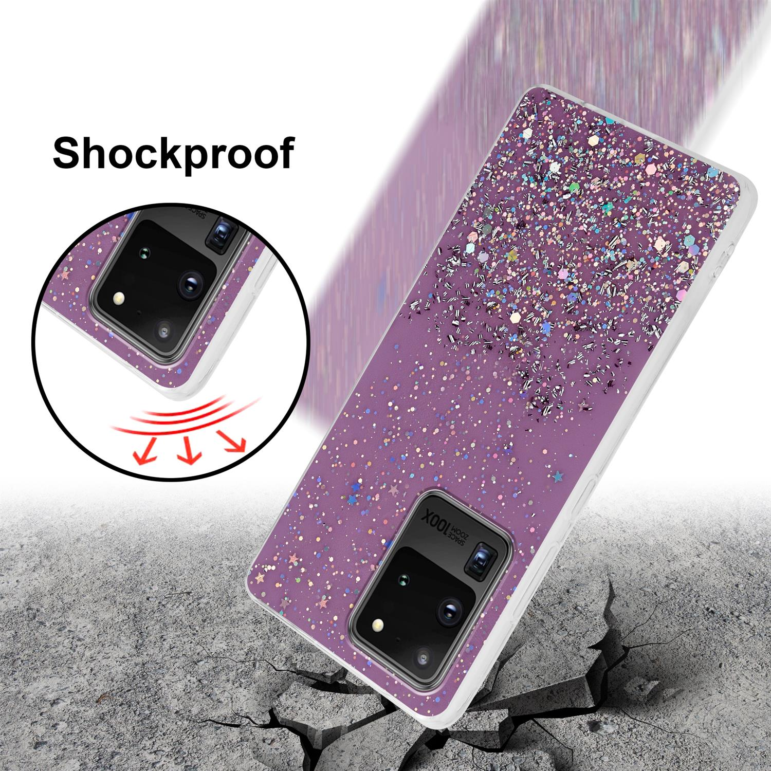 Custodia viola per telefono con glitter e stelle. Il telefono ha una fotocamera. Testo: Antigraffio.
