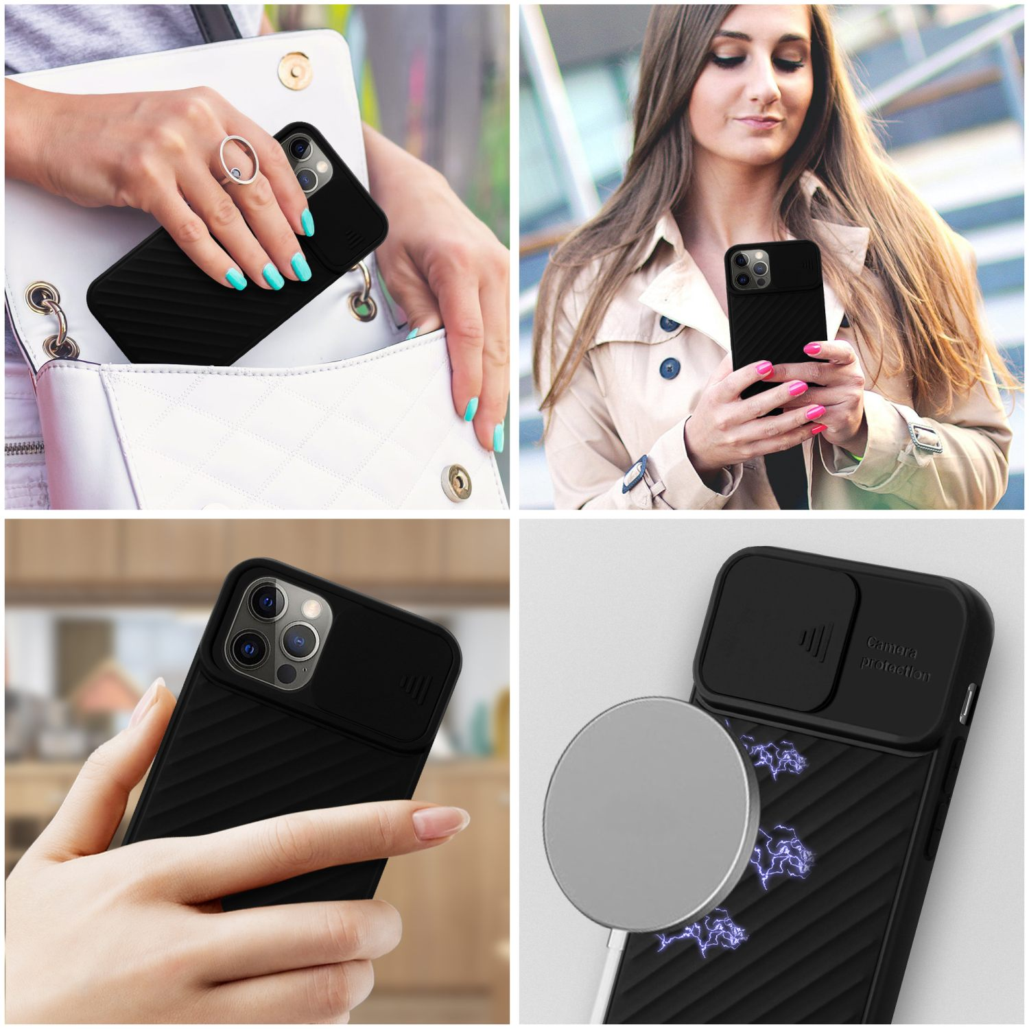Fotos von Telefonhüllen in Gebrauch. Zeigt Kameraschutz und das Telefon in einer Tasche.