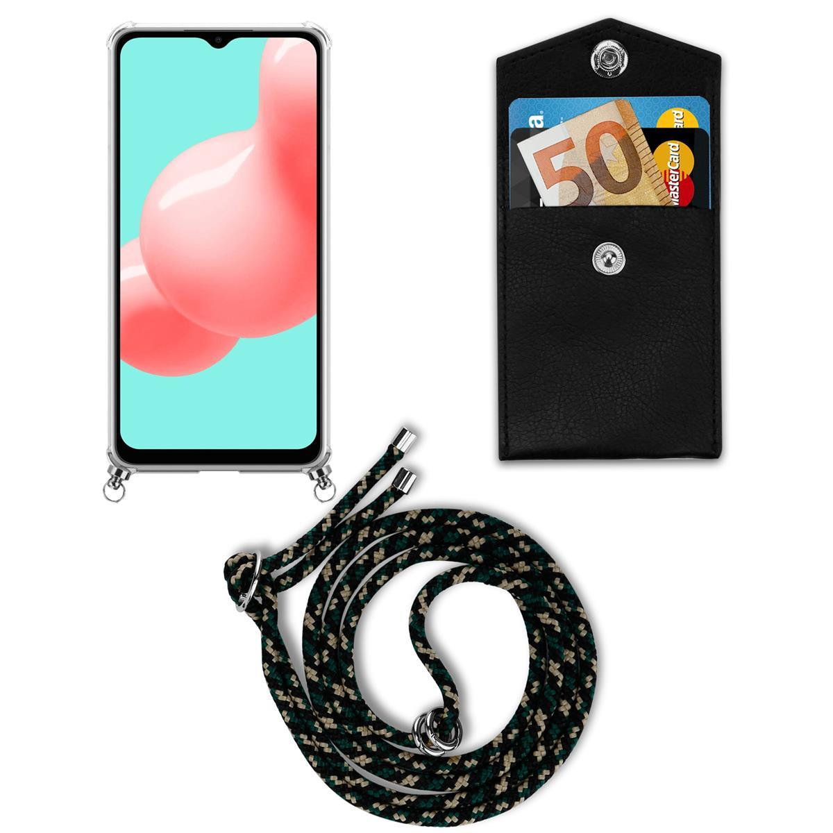Smartphone-Bildschirm mit rosa Kugeln, eine transparente Handyhülle, eine schwarze Brieftasche mit Karten und ein gemustertes Schlüsselband.