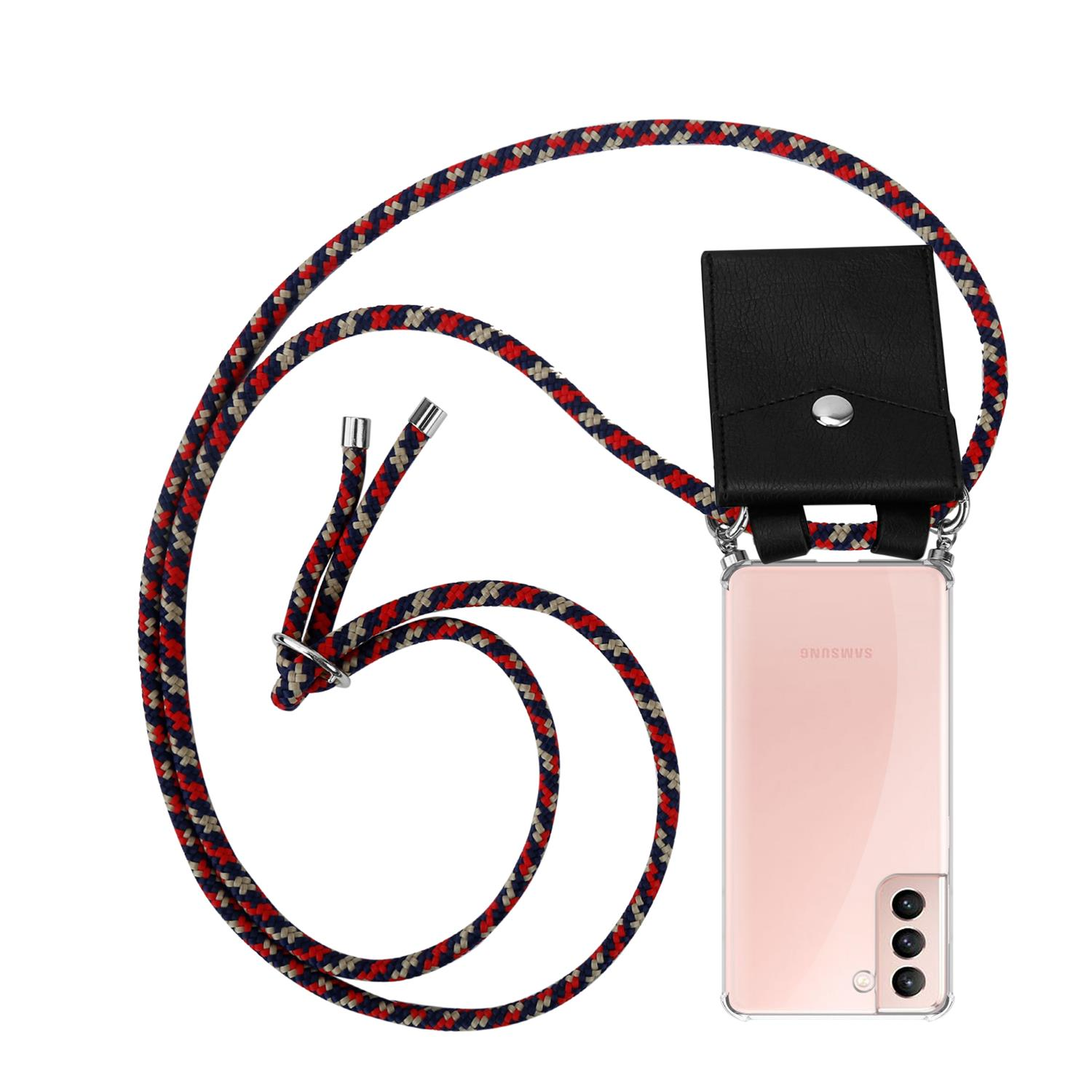 Rosa Telefon mit Riemen. Schwarze Handyhülle und Riemen. Schwarz-roter Riemen.
